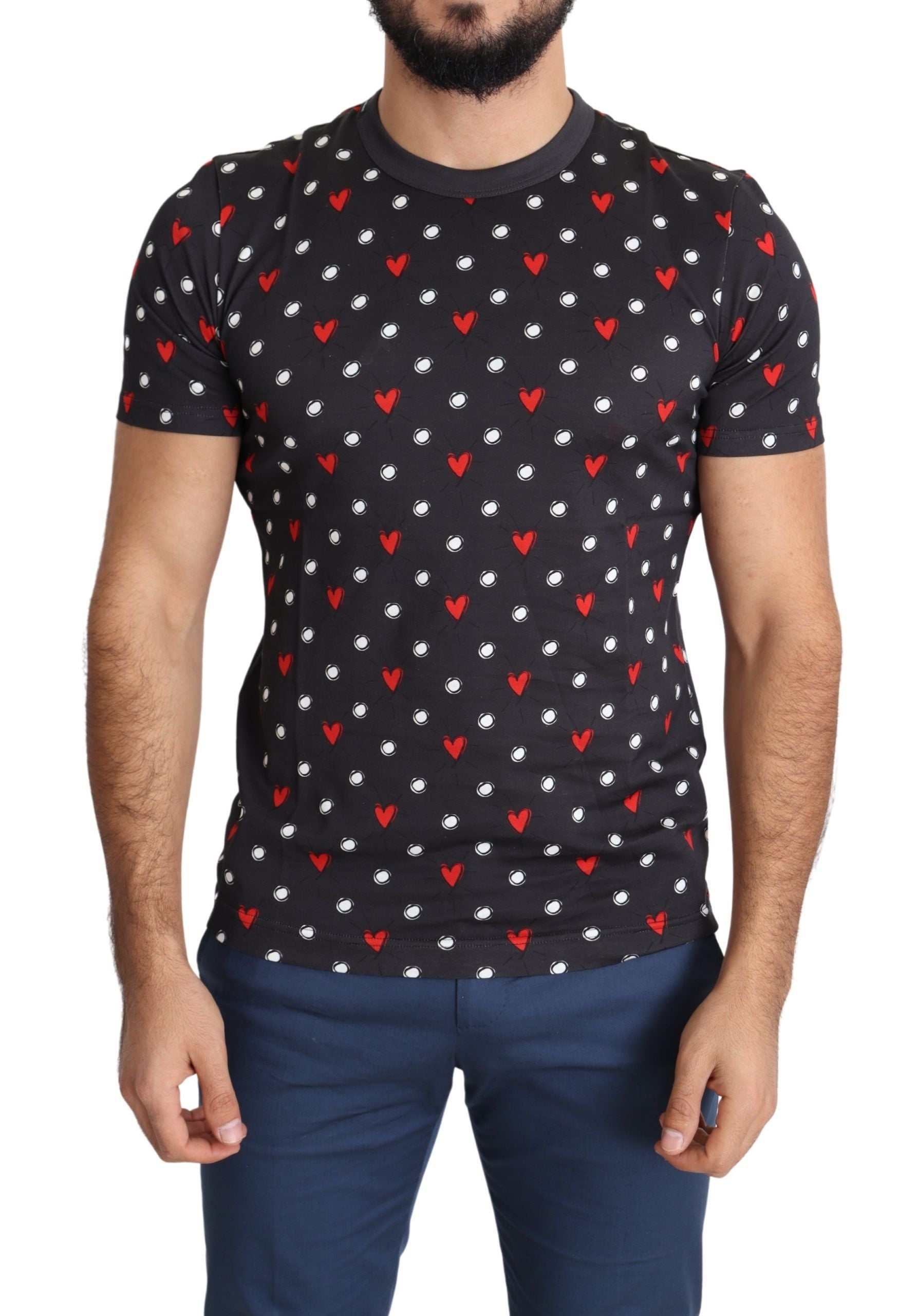 Dark Gray Hearts Print Cotton Men T-shirt mens luxury fashion - Mens Edit