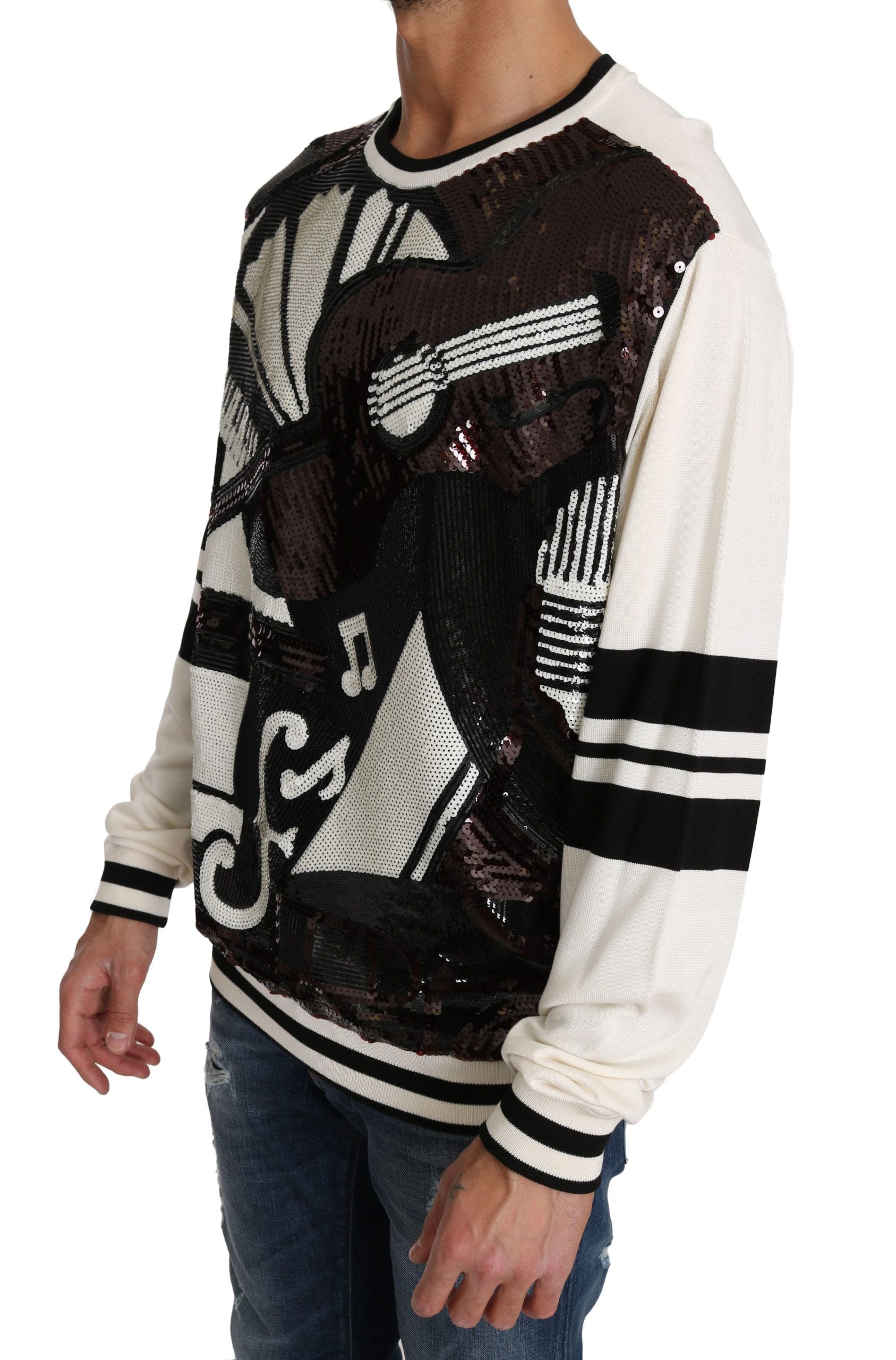 White Jazz Sequined Guitar Pullover Top Sweater mens luxury fashion - Mens Edit