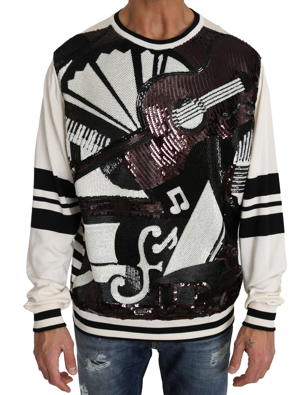 Dolce & Gabbana Silk Jazz Sequined Guitar Pullover in White
