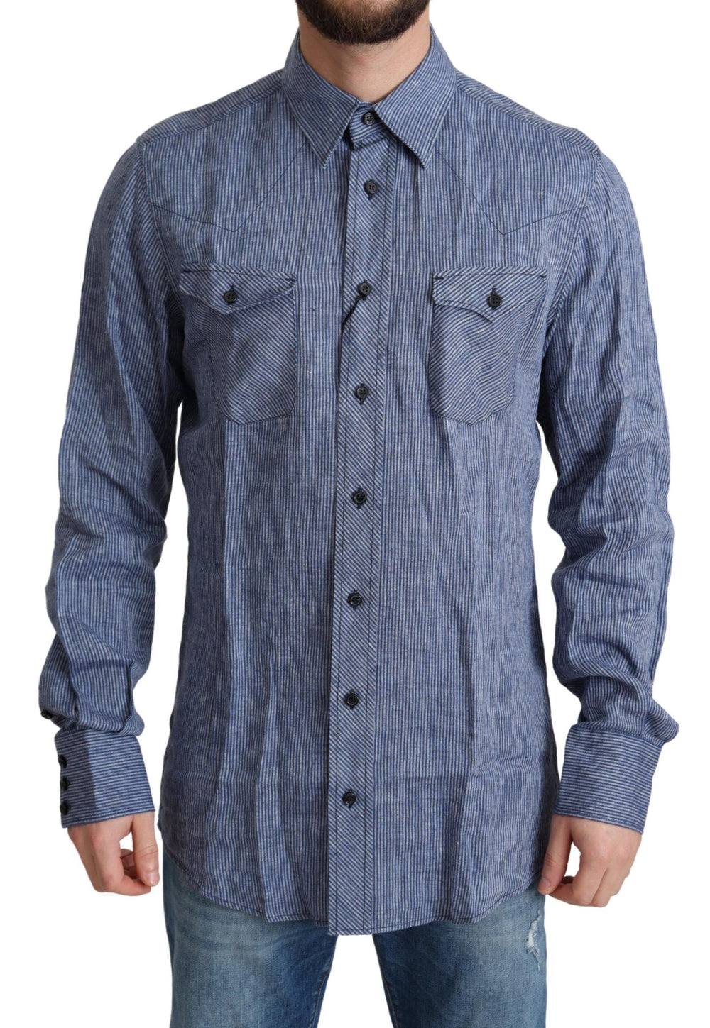 Dolce & Gabbana 100% Linen Shirt in Blue Stripe