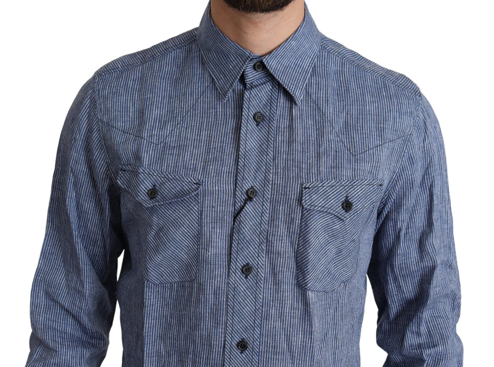 Dolce & Gabbana 100% Linen Shirt in Blue Stripe