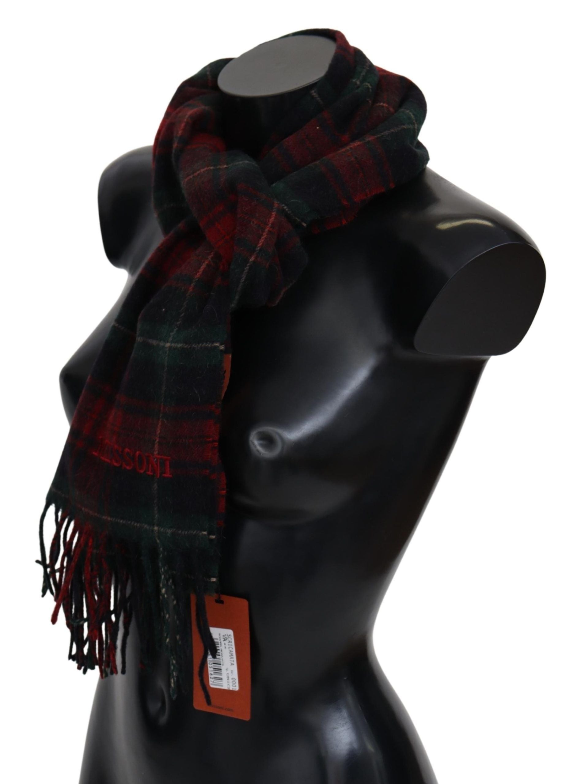 Missoni Virgin Wool Check Scarf with Fringes in Black and Red