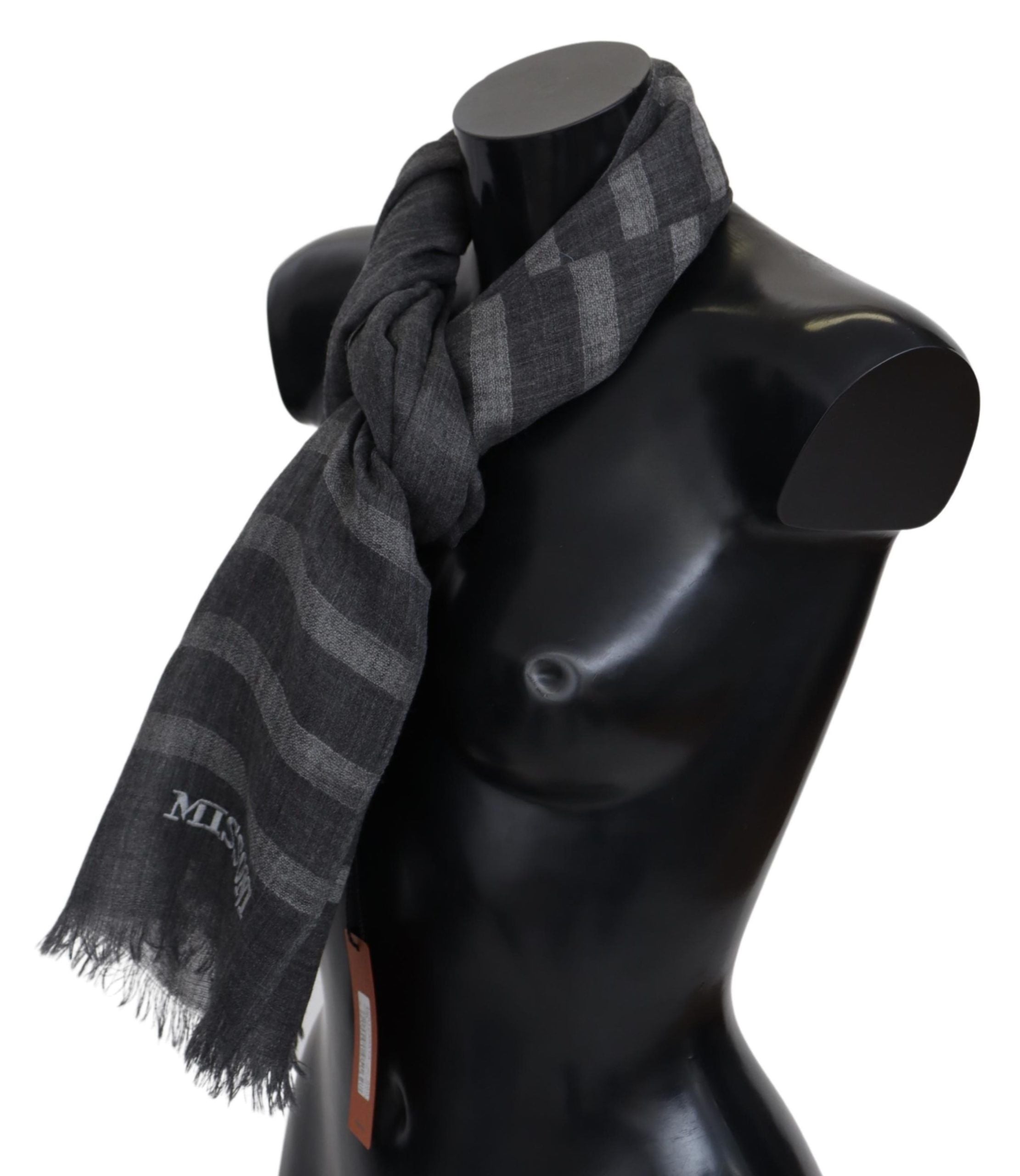 Missoni 100% Wool Striped Scarf with Fringes in Grey