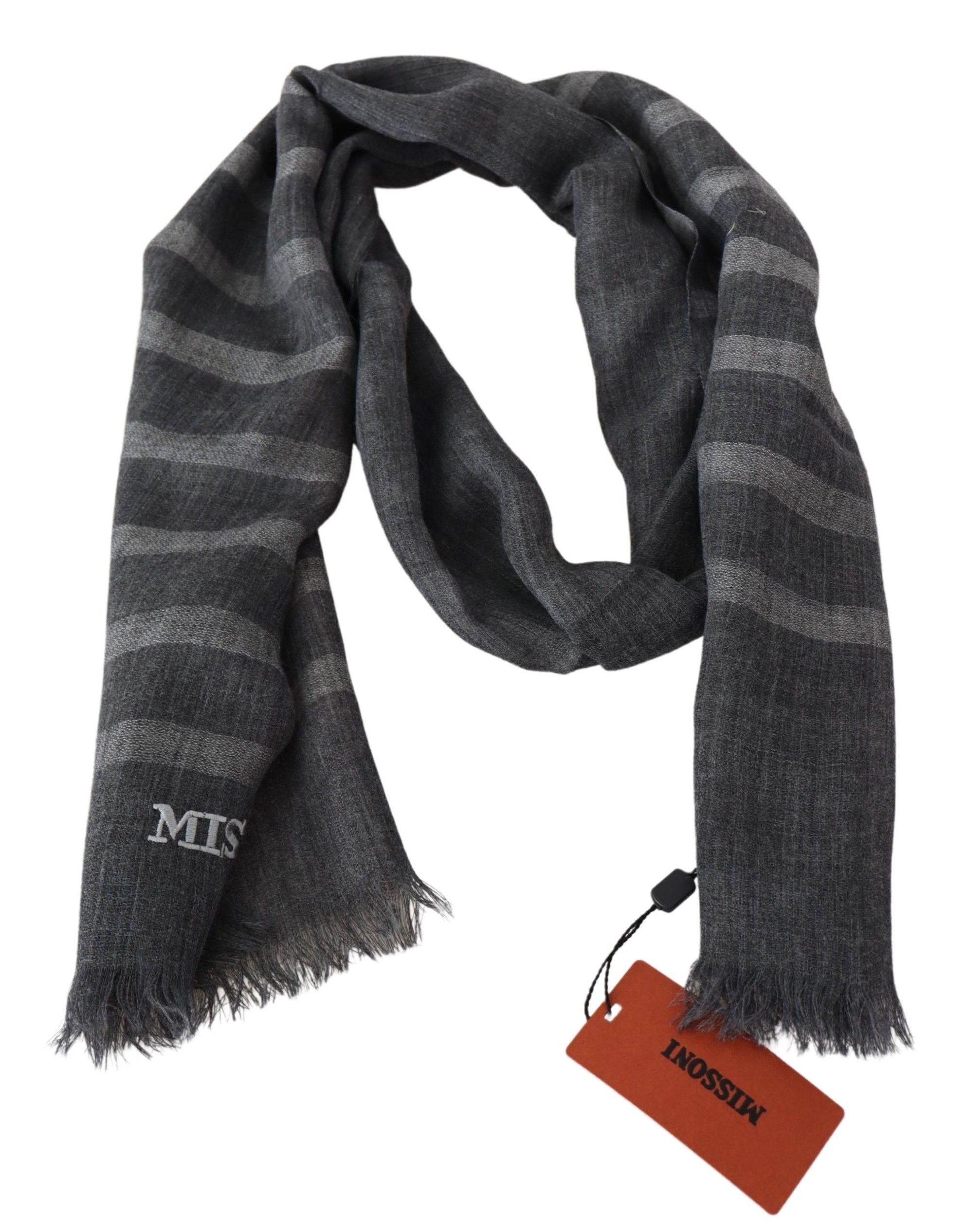 Missoni 100% Wool Striped Scarf with Fringes in Grey