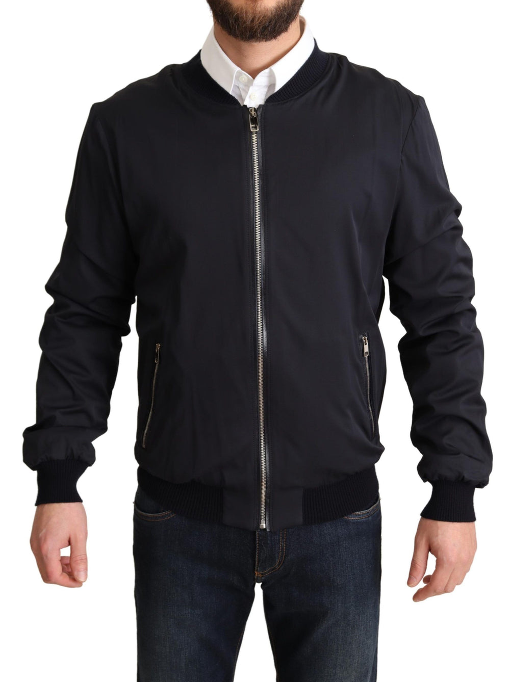 Dolce & Gabbana Silk Bomber Jacket in Dark Blue