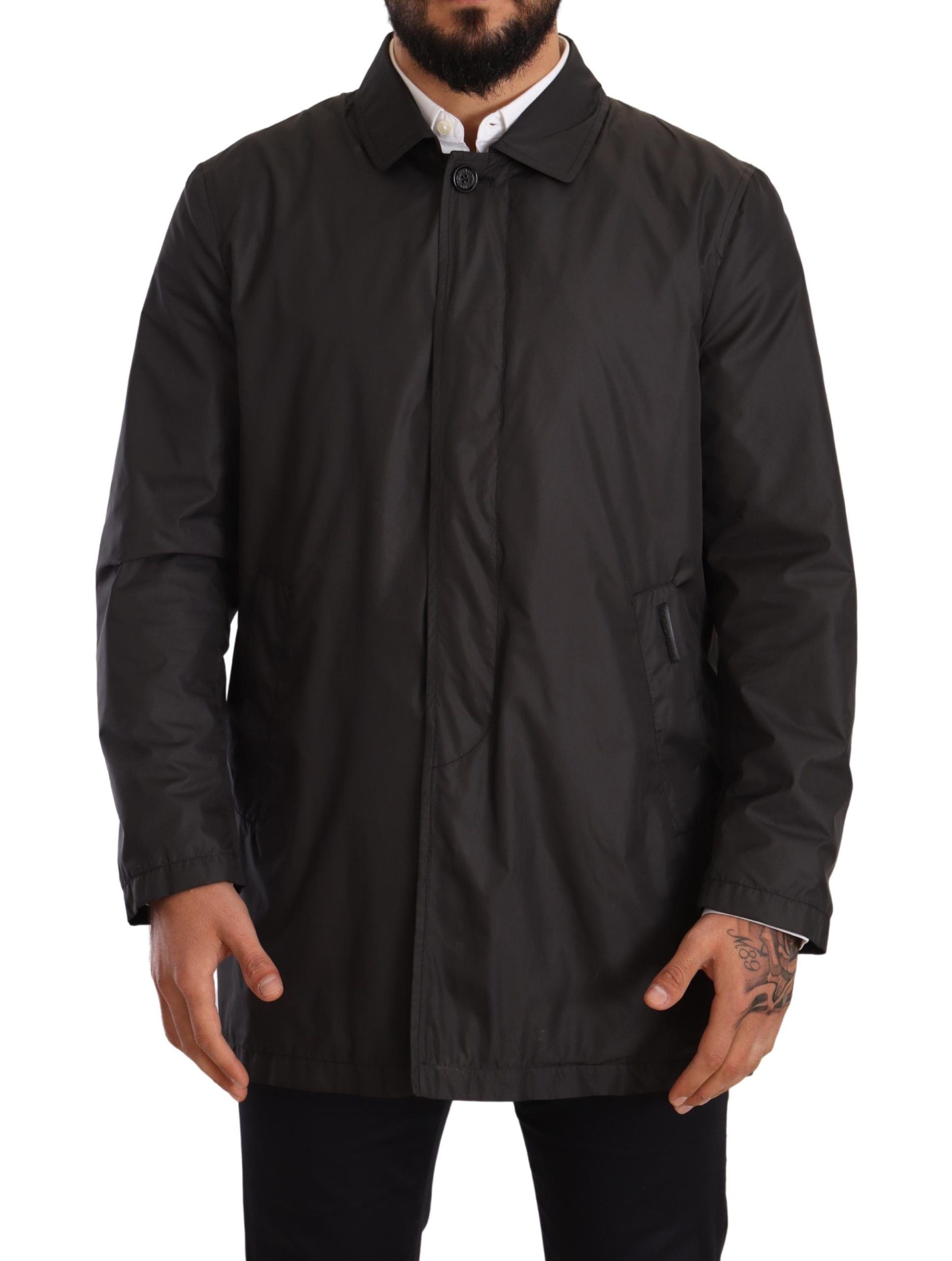 Black Polyester Mens Trench Coat Jacket mens luxury fashion - Mens Edit