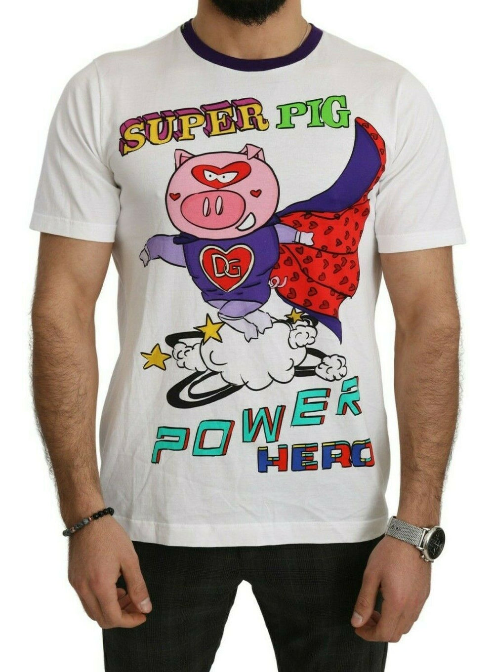 White Cotton Top Super Power Pig T-shirt mens luxury fashion - Mens Edit