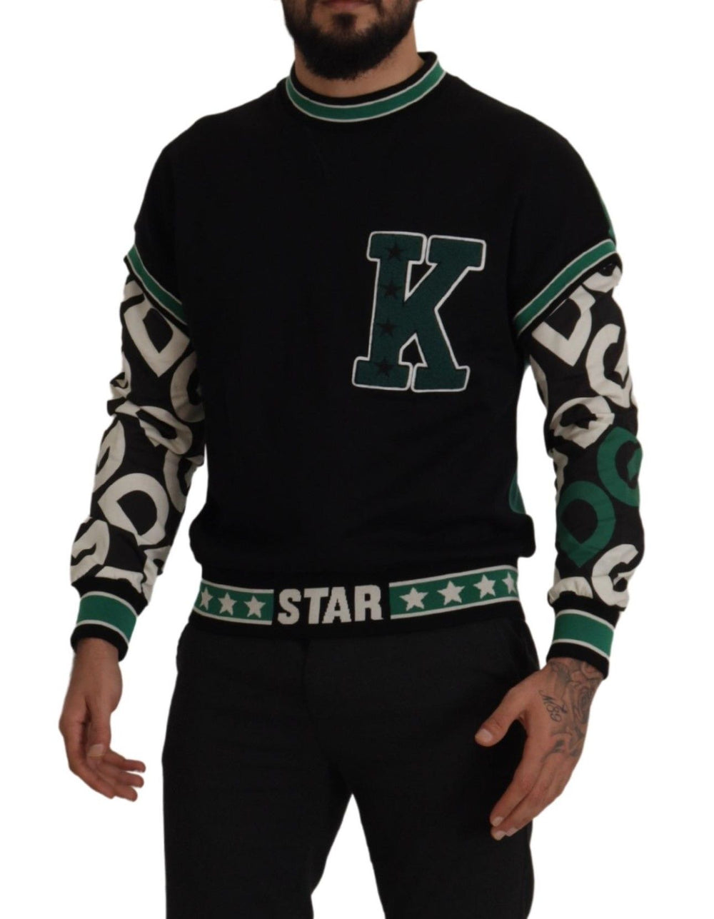 Dolce & Gabbana 100% Cotton Crewneck Pullover Sweater in Black and Green