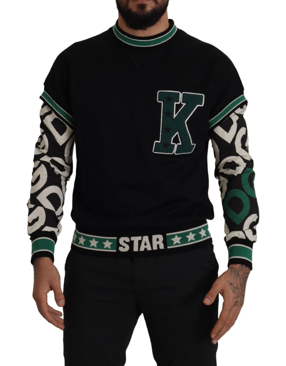 Dolce & Gabbana 100% Cotton Crewneck Pullover Sweater in Black and Green