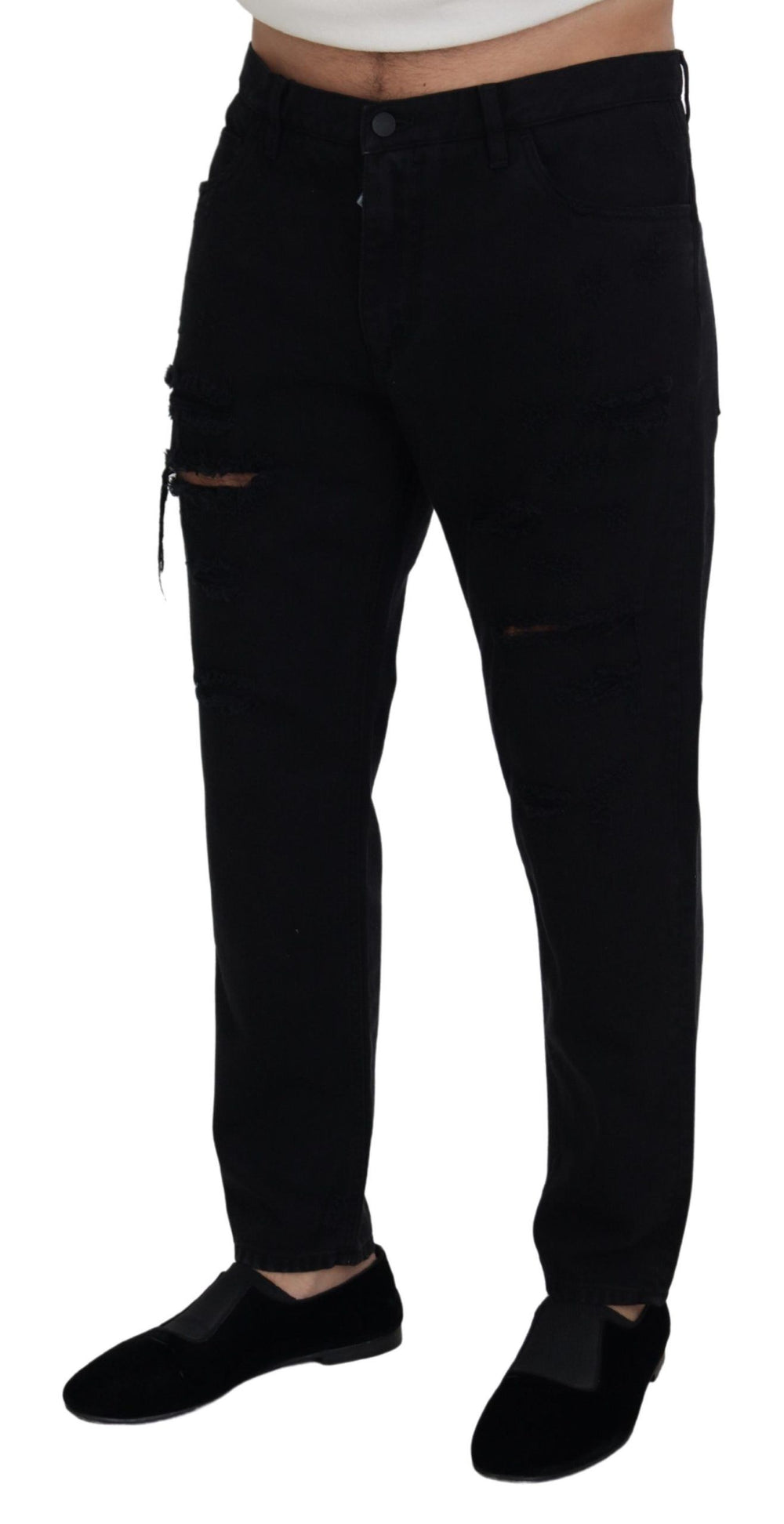 Black Loose Regular Torn Cotton Jeans mens luxury fashion - Mens Edit