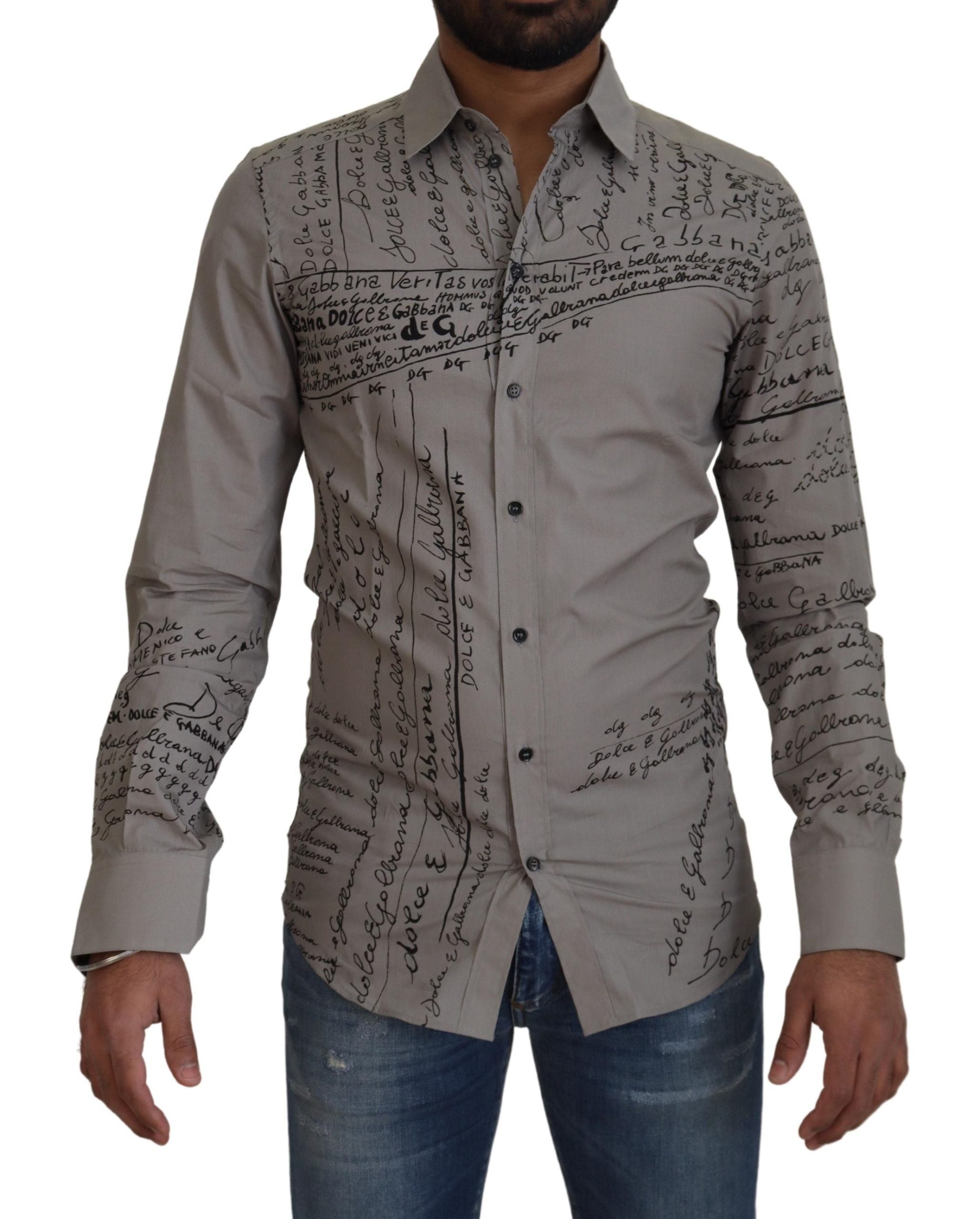 Gray Printed Cotton Slim Dress GOLD Shirt mens luxury fashion - Mens Edit