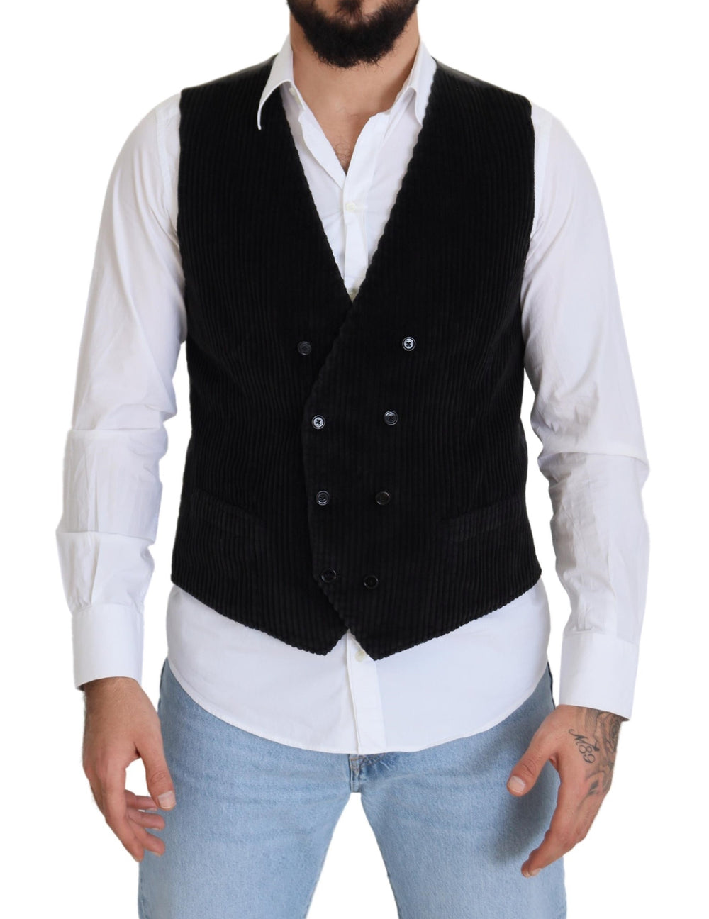 Black Cotton Double Breasted Waistcoat Vest mens luxury fashion - Mens Edit