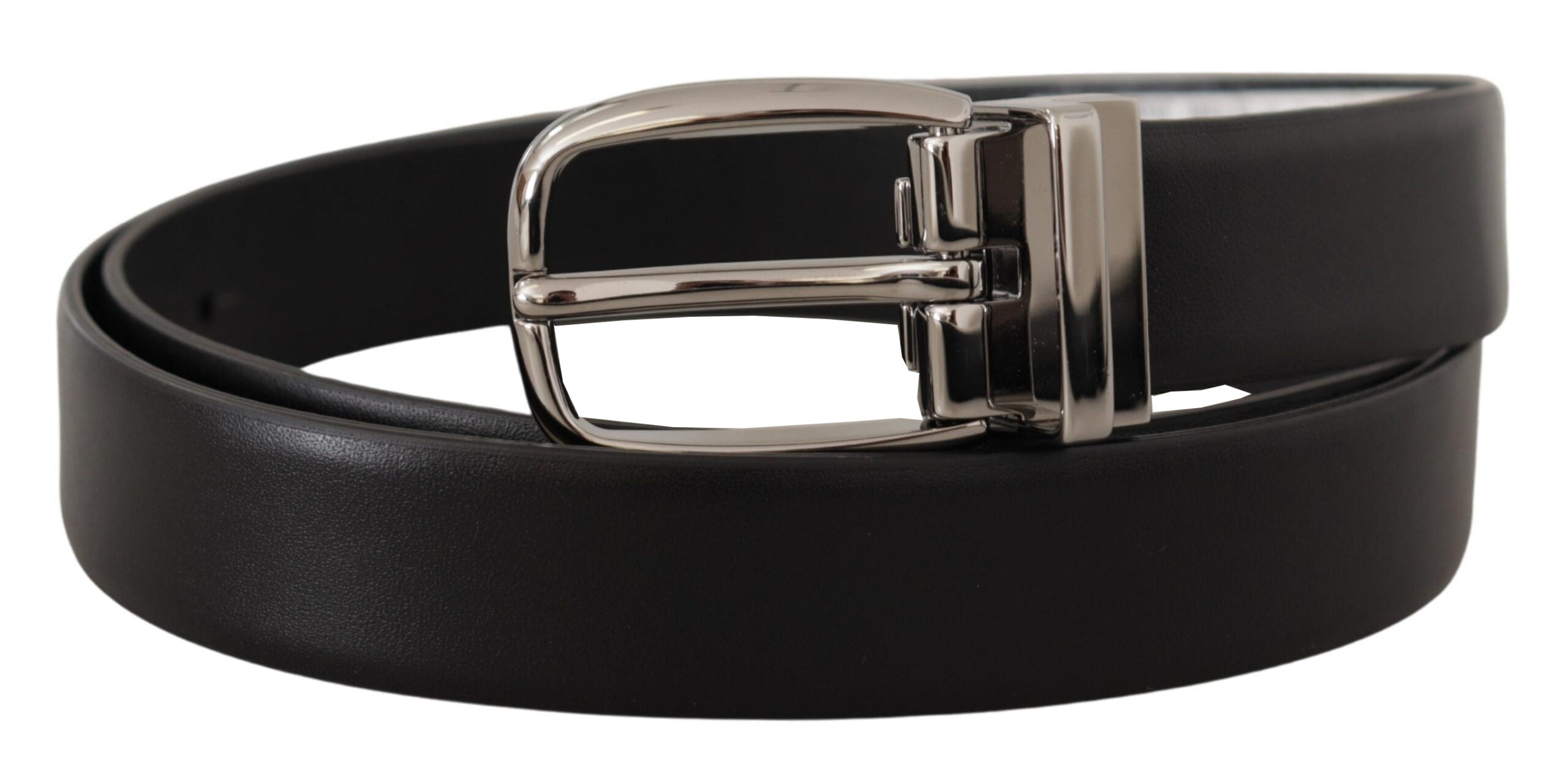 Black Leather Silver Metal Chrome Logo Buckle Belt mens luxury fashion - Mens Edit