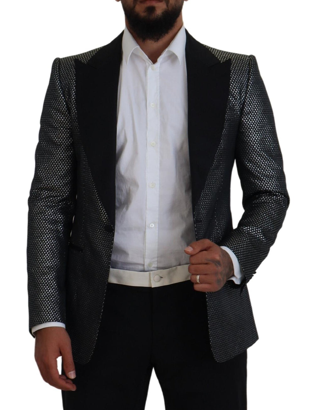 Dolce & Gabbana Jacquard Slim Fit Blazer in Black and Silver