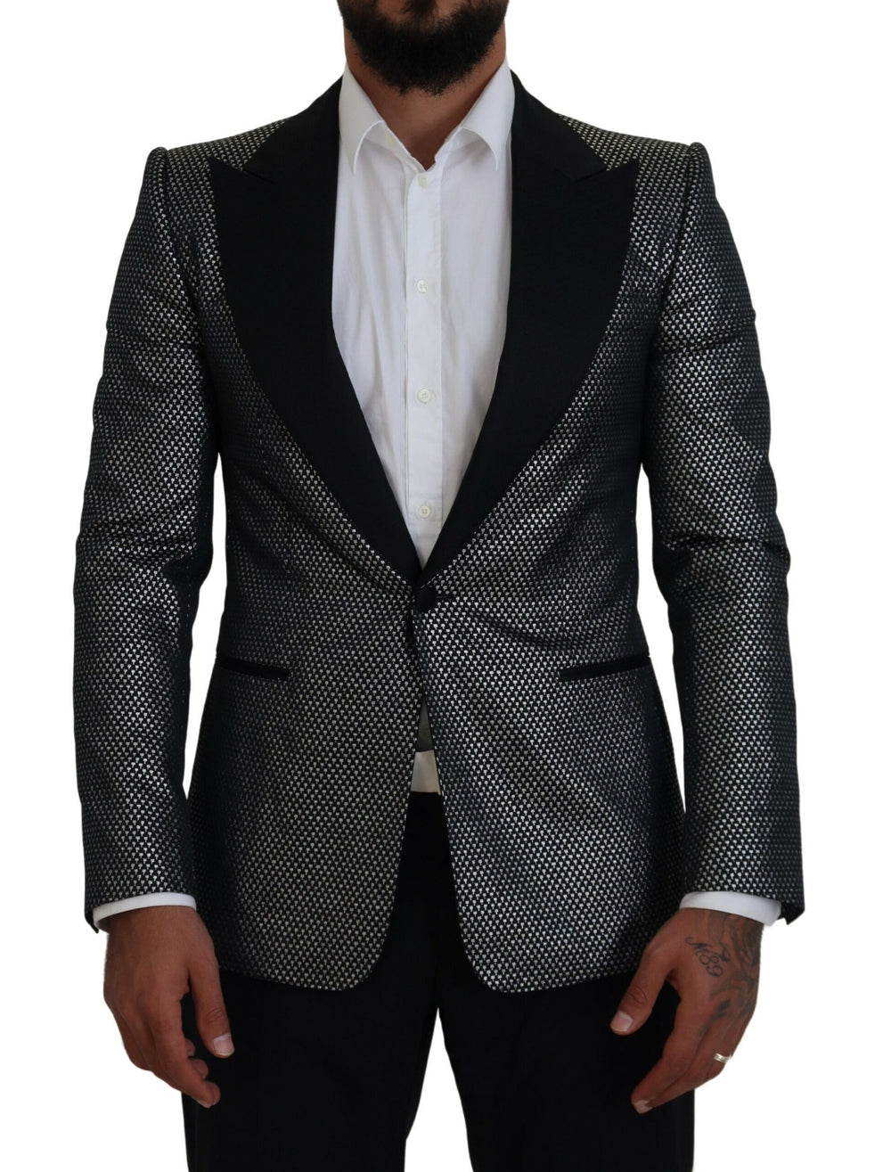 Dolce & Gabbana Jacquard Slim Fit Blazer in Black and Silver