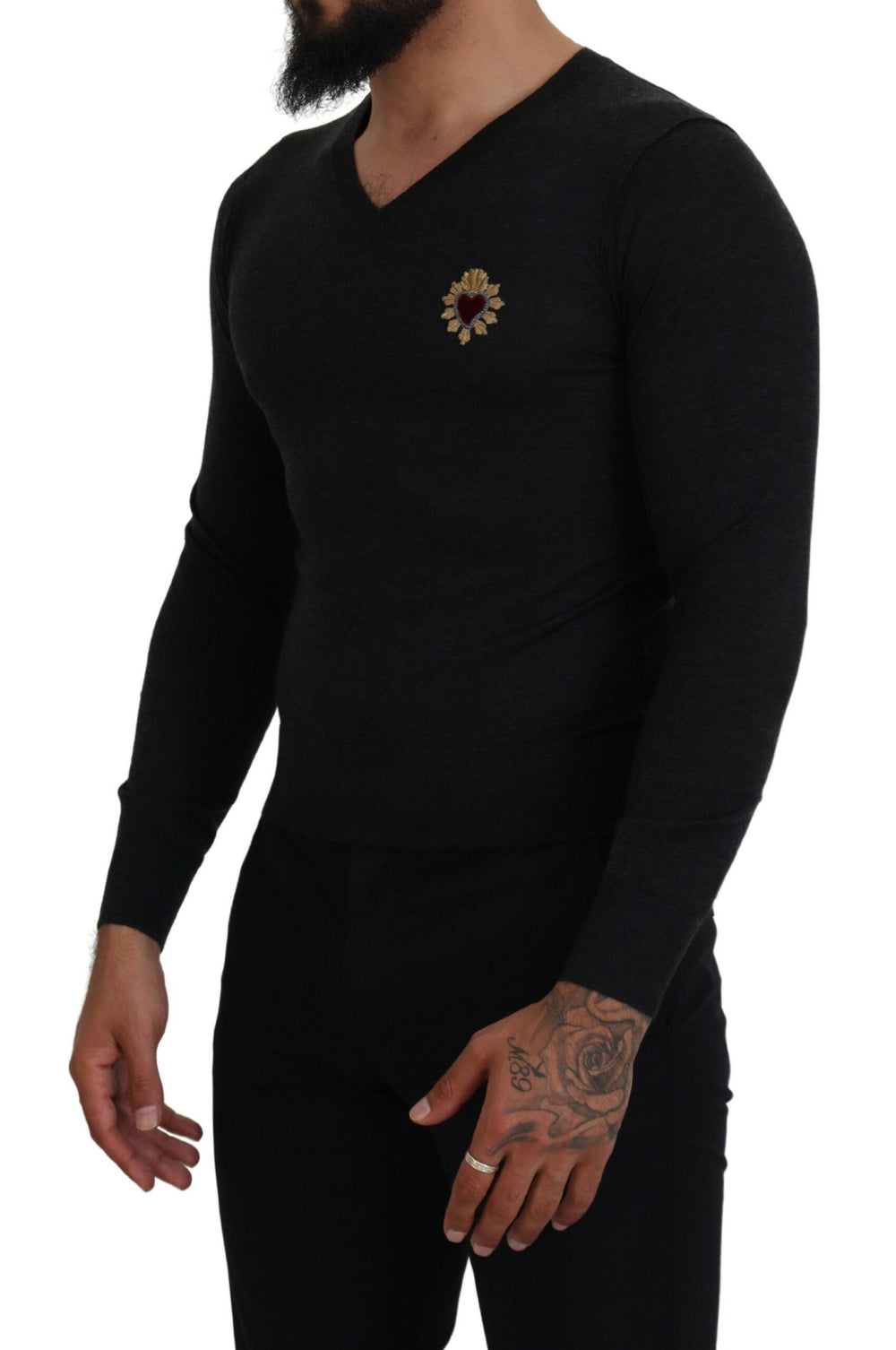 Gray Cashmere V-neck Gold Heart Sweater mens luxury fashion - Mens Edit