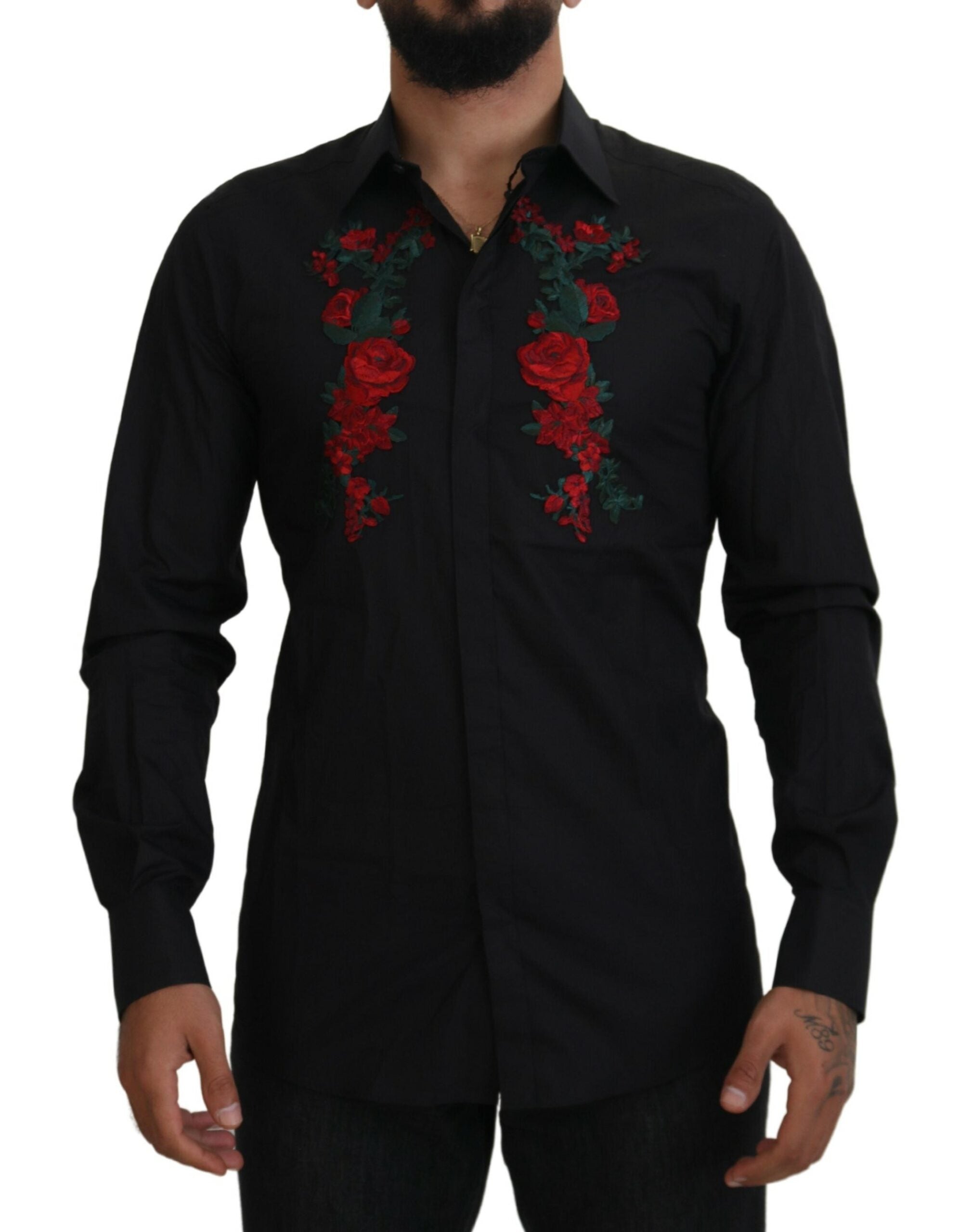 Dolce & Gabbana Βαμβακερό Πουκάμισο GOLD με Floral Κέντημα σε Μαύρο