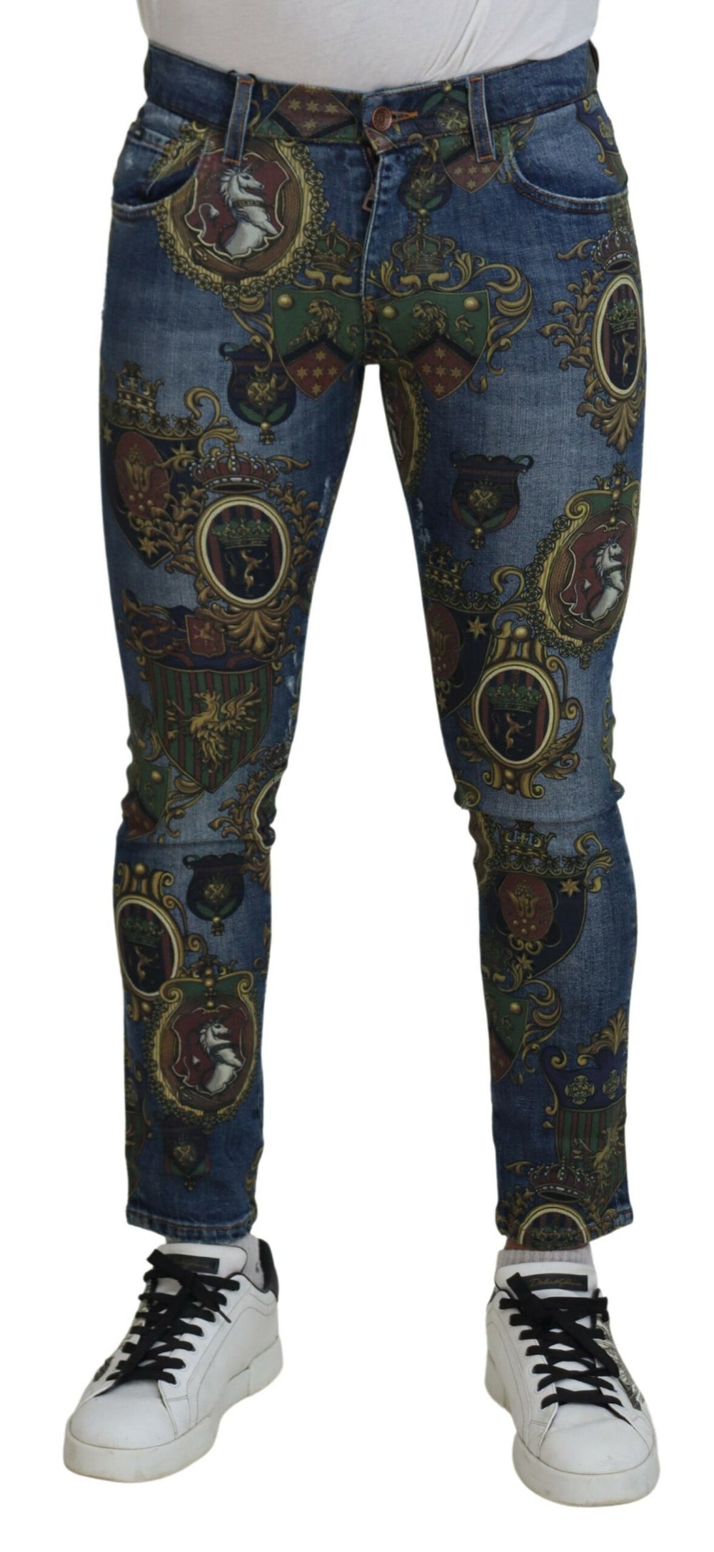 Dolce & Gabbana Medal Print Slim Fit Jeans in Blue