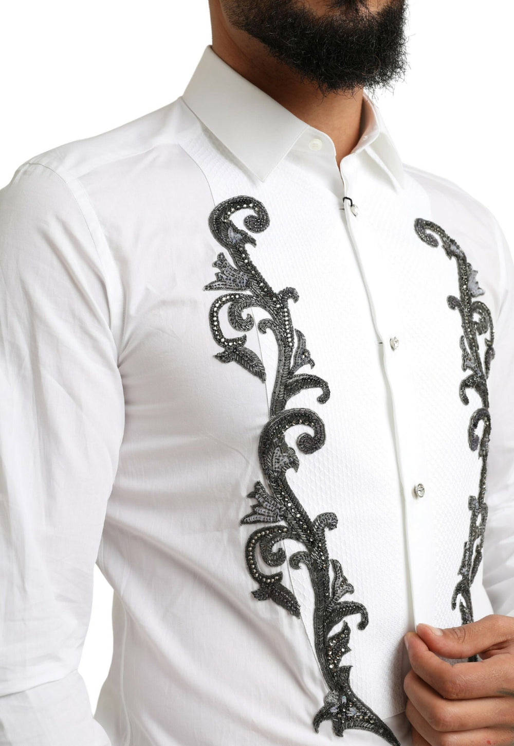 Dolce & Gabbana 100% Cotton Slim Fit Baroque Tuxedo Shirt in White