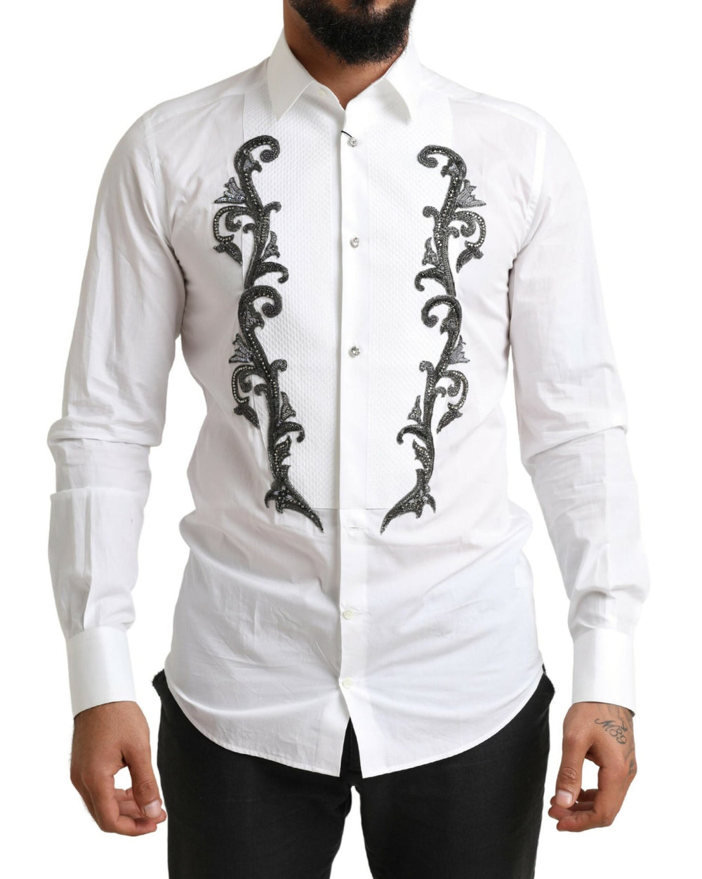 Dolce & Gabbana 100% Cotton Slim Fit Baroque Tuxedo Shirt in White