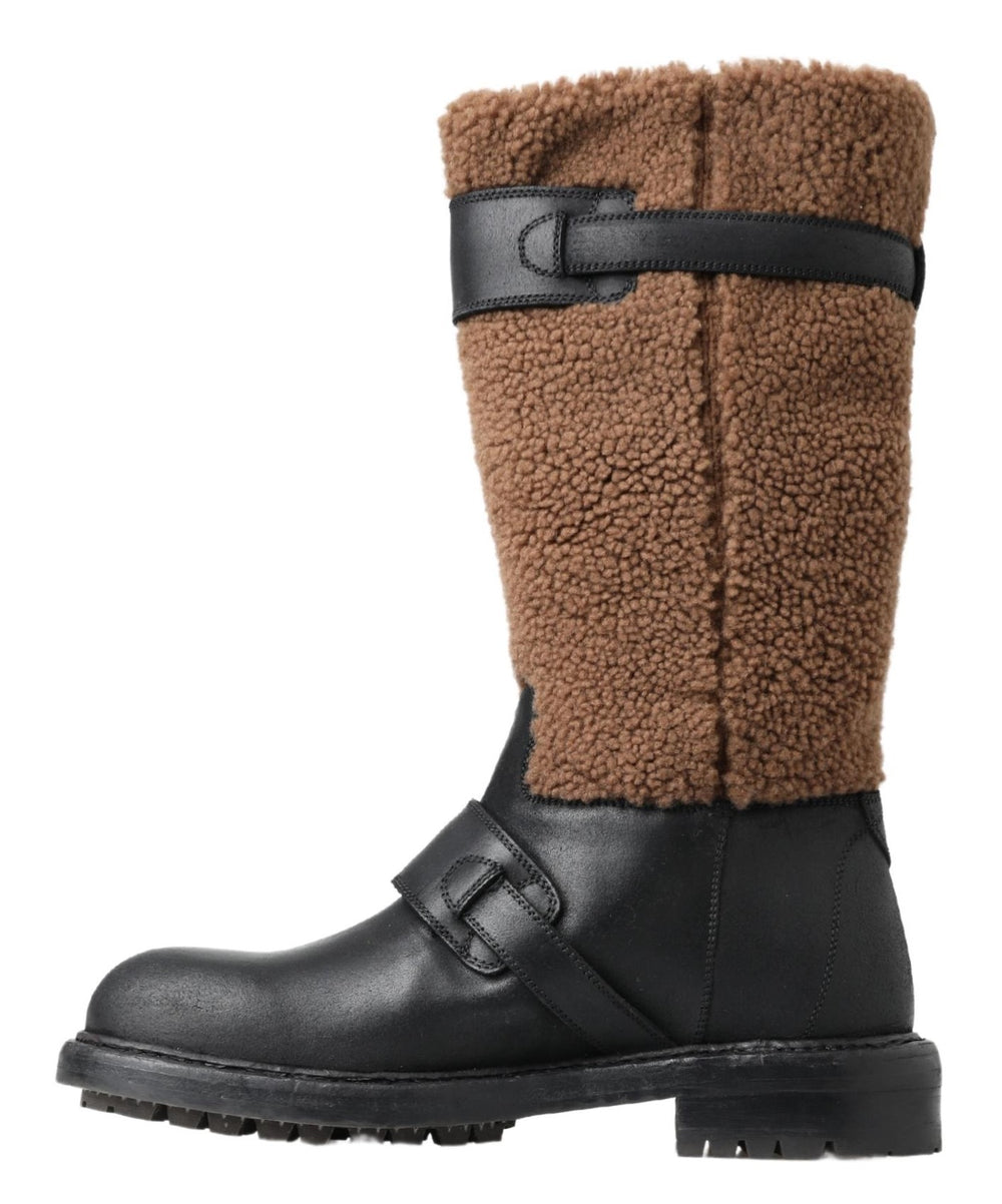 Dolce & Gabbana Leather and Shearling Boots in Black and Brown