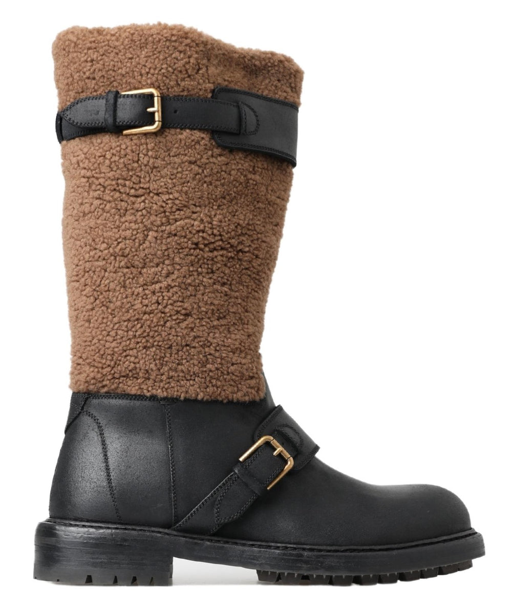 Dolce & Gabbana Leather and Shearling Boots in Black and Brown