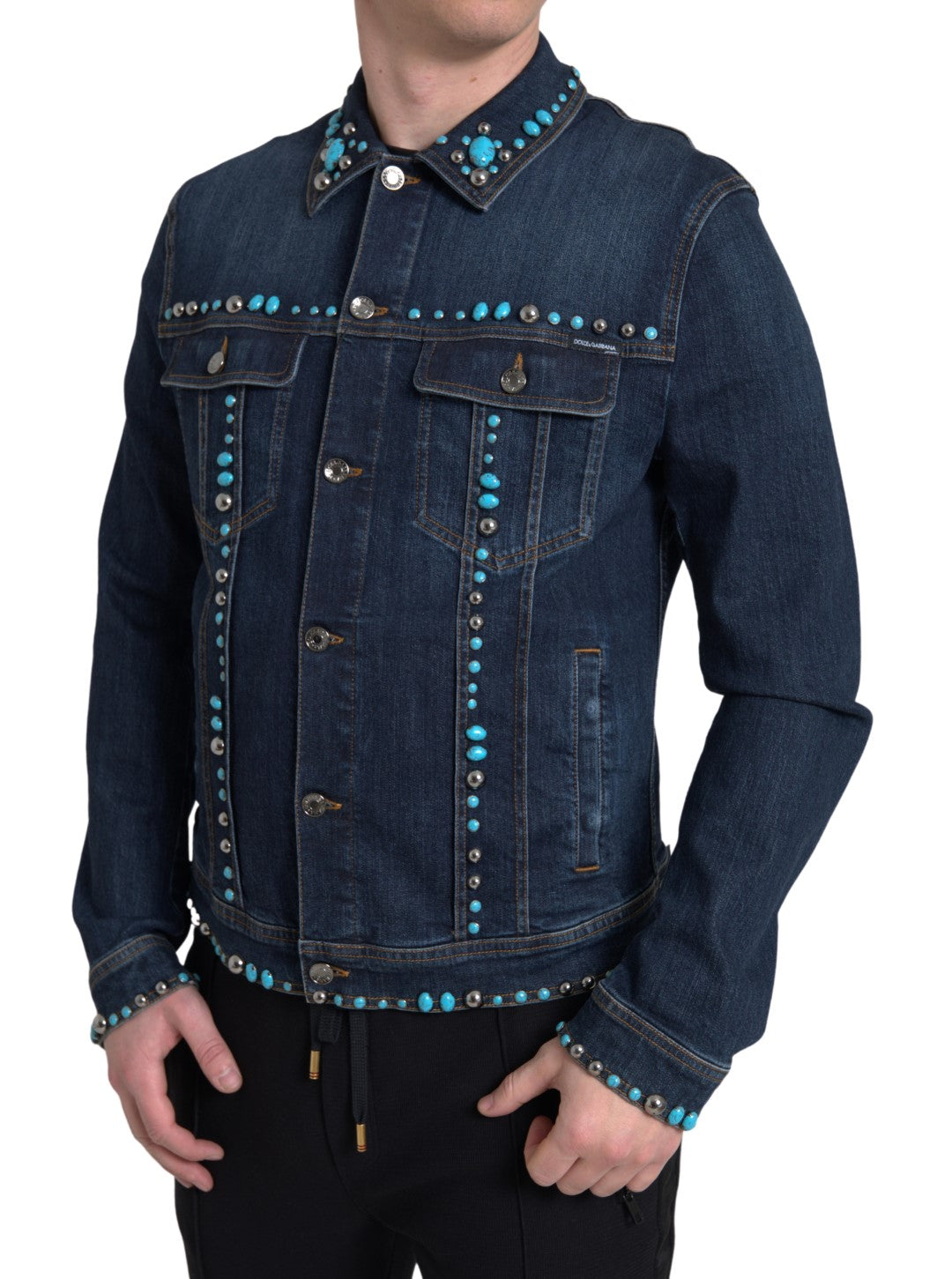Blue Denim Turquoise Stones Studded Jacket mens luxury fashion - Mens Edit