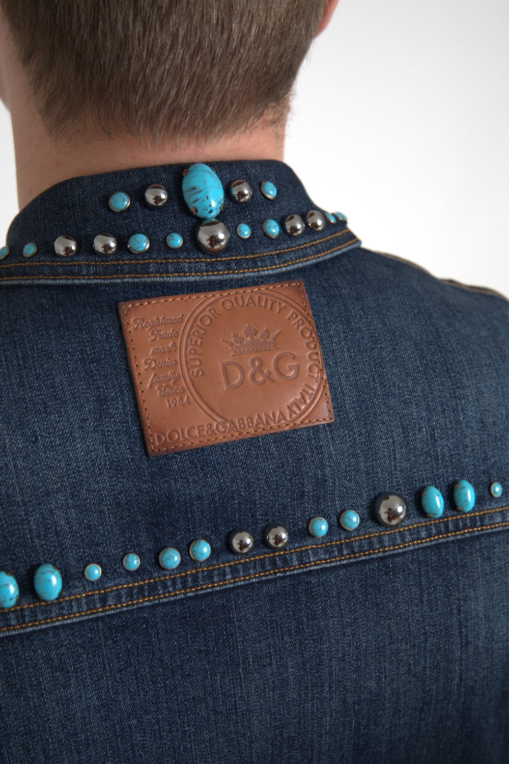 Dolce & Gabbana Denim Jacket with Turquoise Stone Embellishment in Blue
