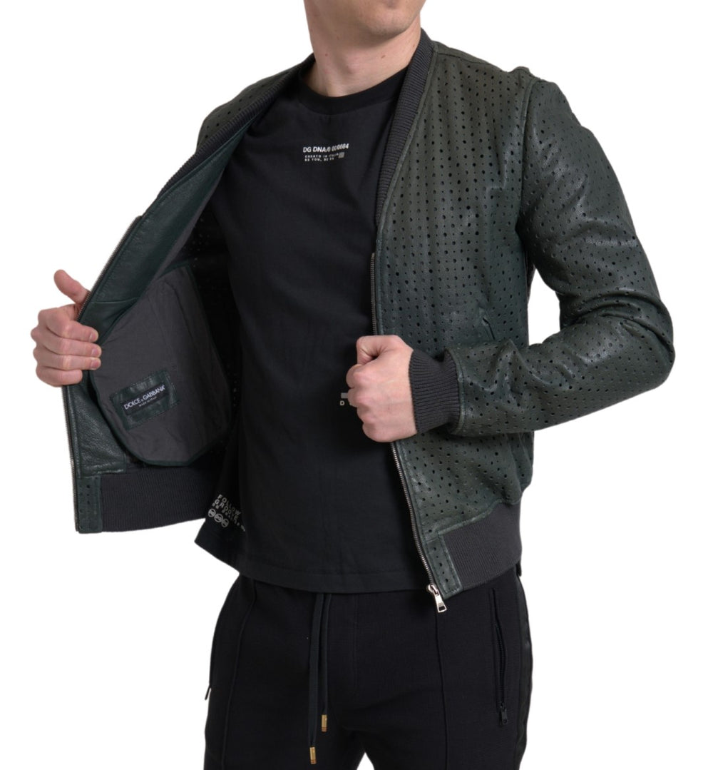 Dolce & Gabbana Perforated Leather Bomber Jacket in Green
