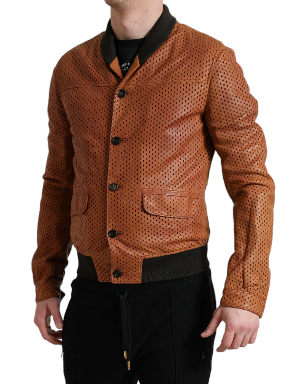 Dolce & Gabbana Lambskin Leather Perforated Bomber Jacket in Brown