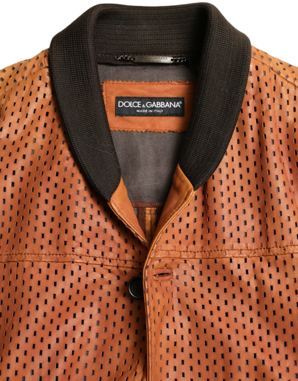 Dolce & Gabbana Lambskin Leather Perforated Bomber Jacket in Brown