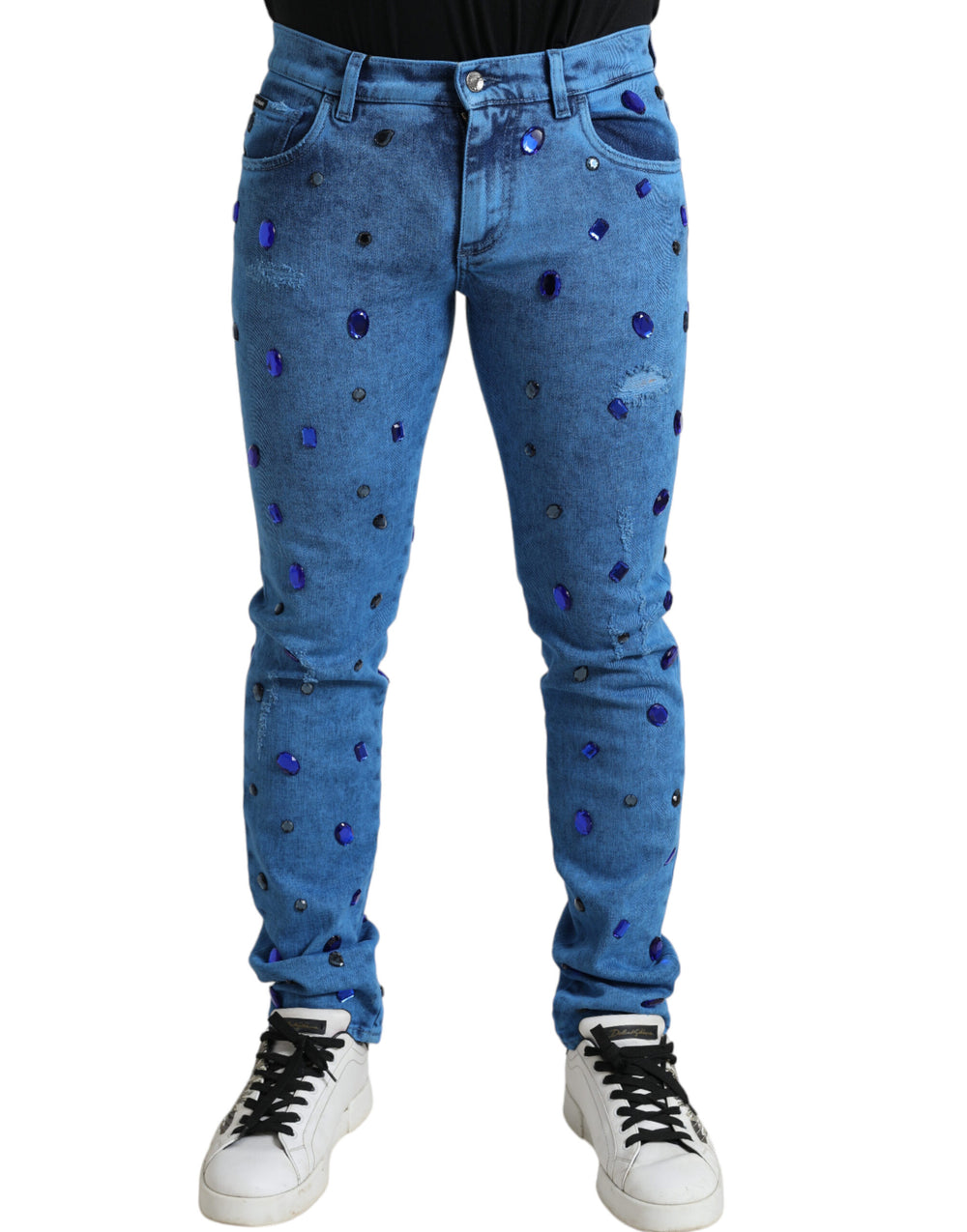 Blue Crystal Embellished Skinny Denim Jeans mens luxury fashion - Mens Edit