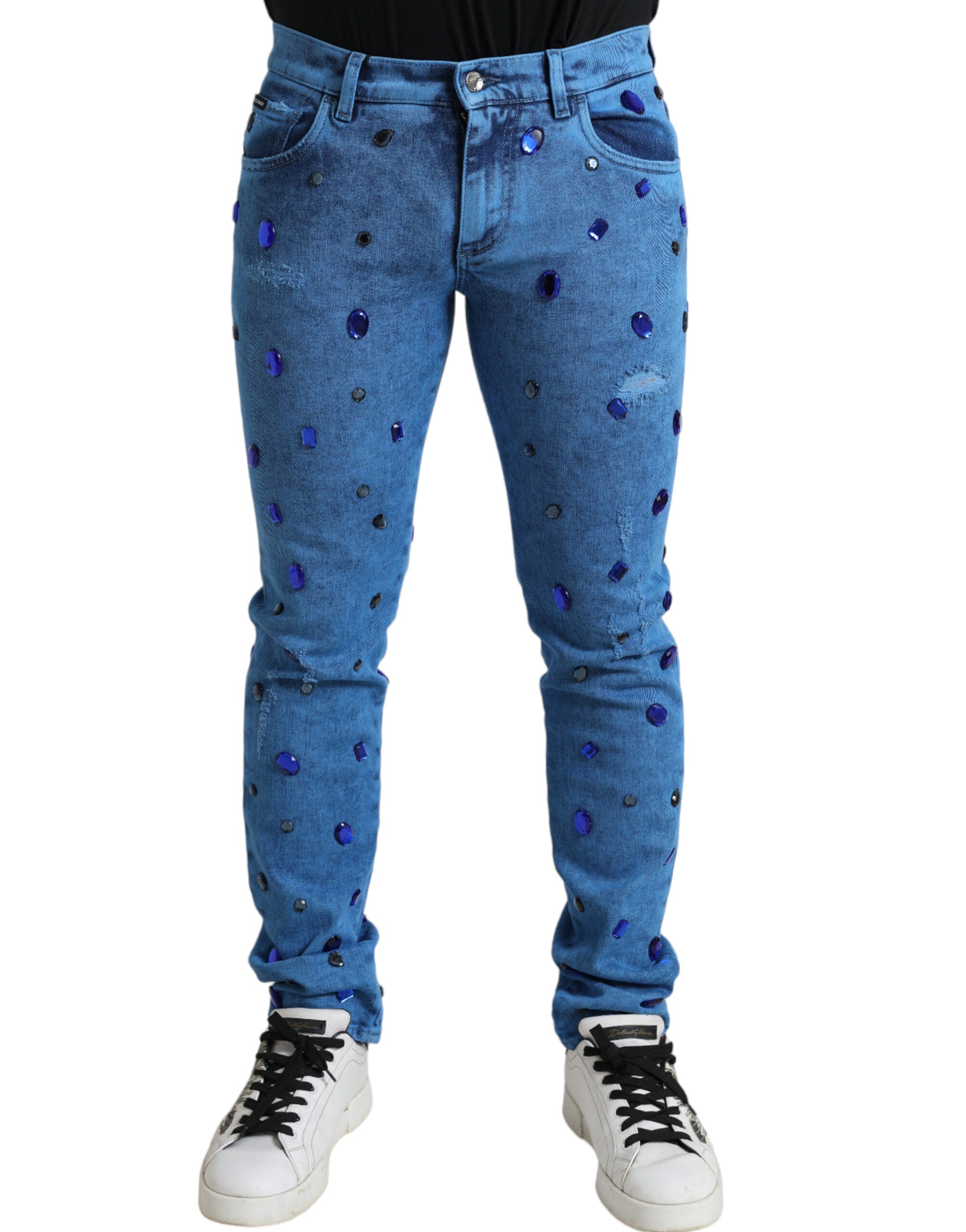 Blue Crystal Embellished Skinny Denim Jeans mens luxury fashion - Mens Edit