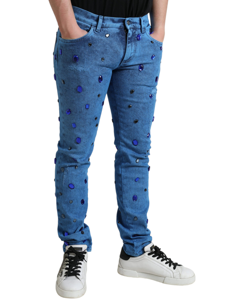 Dolce & Gabbana Crystal Embellished Skinny Denim Jeans in Blue