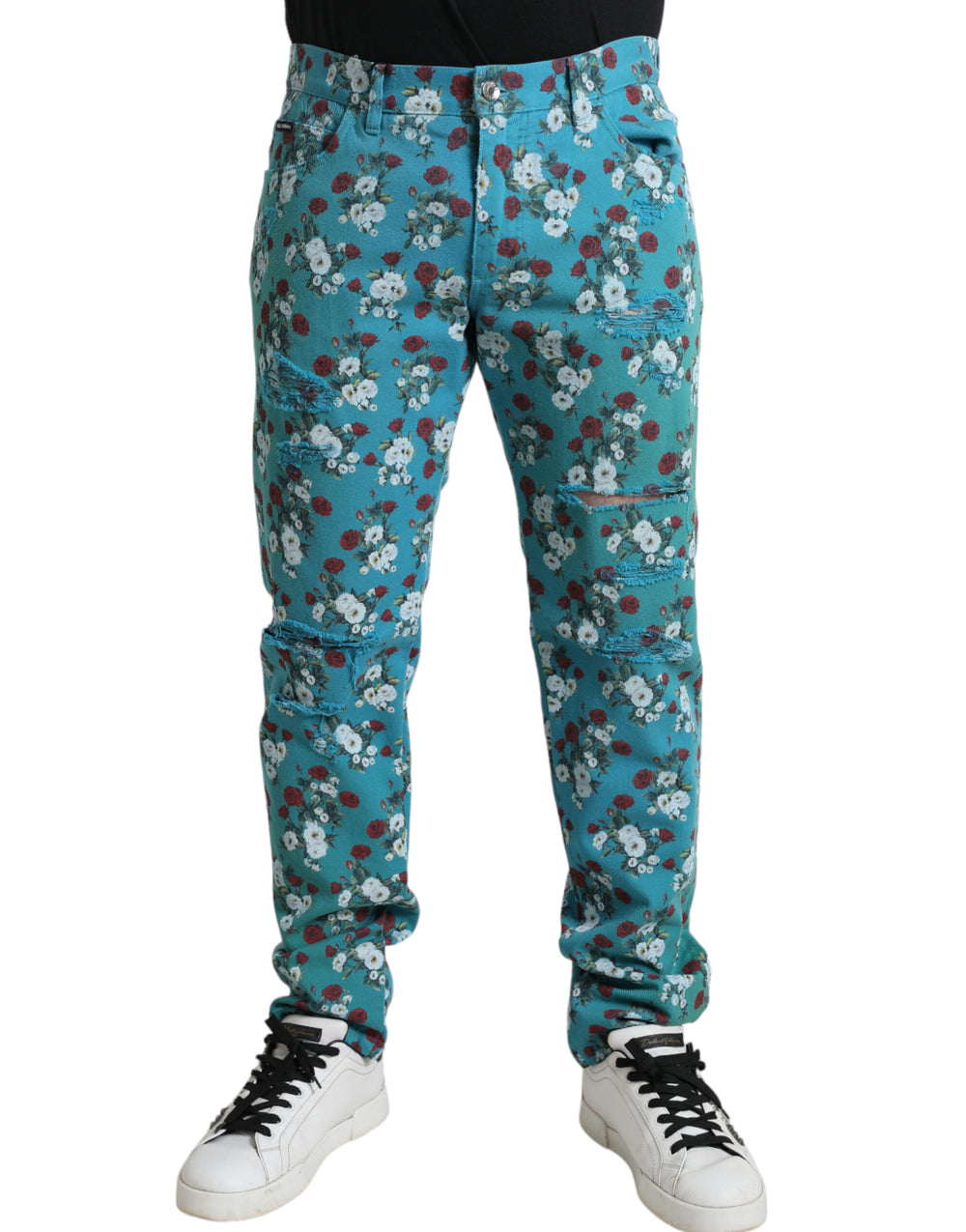 Blue Floral Print Skinny Cotton Denim Pants mens luxury fashion - Mens Edit