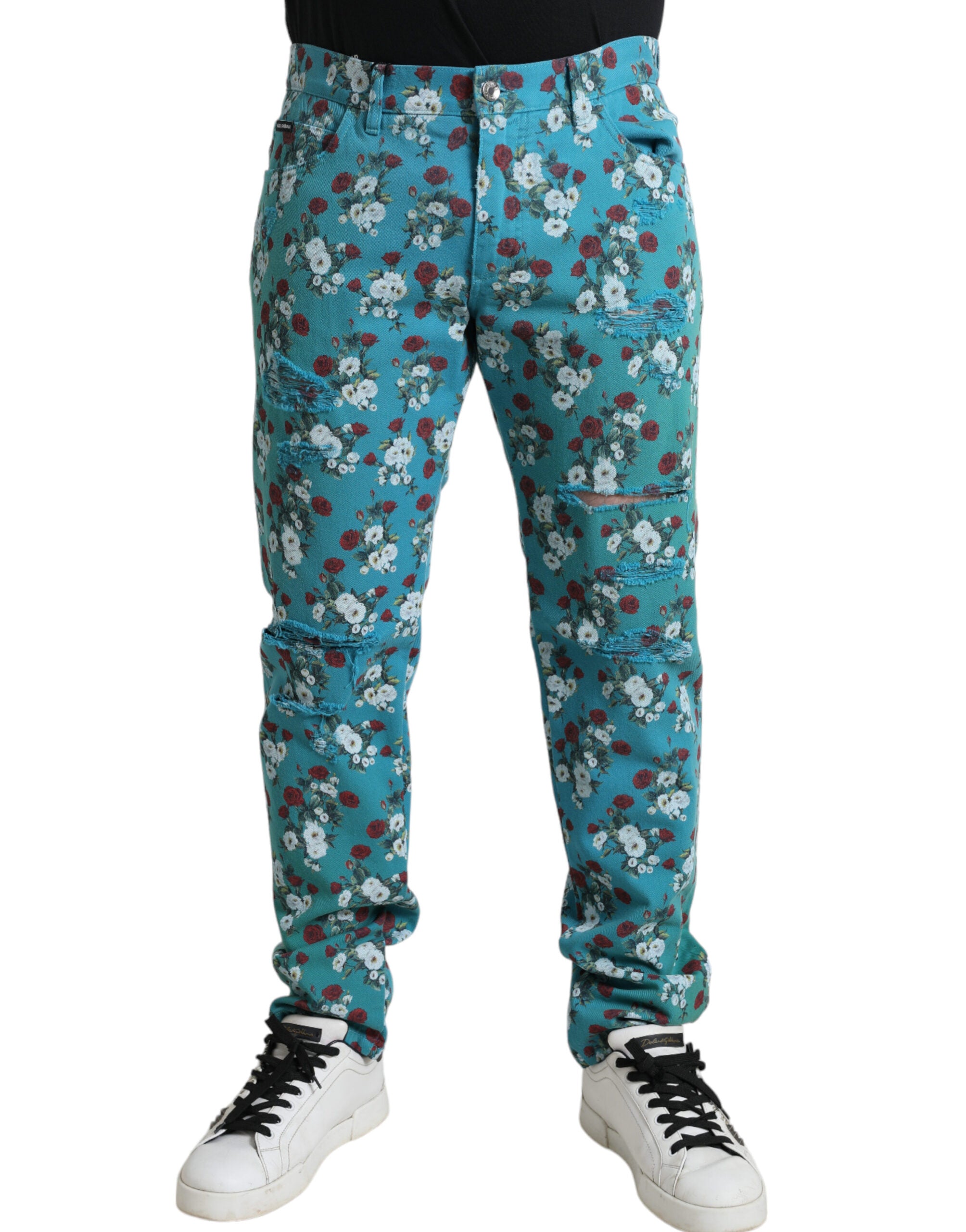 Blue Floral Print Skinny Cotton Denim Pants mens luxury fashion - Mens Edit