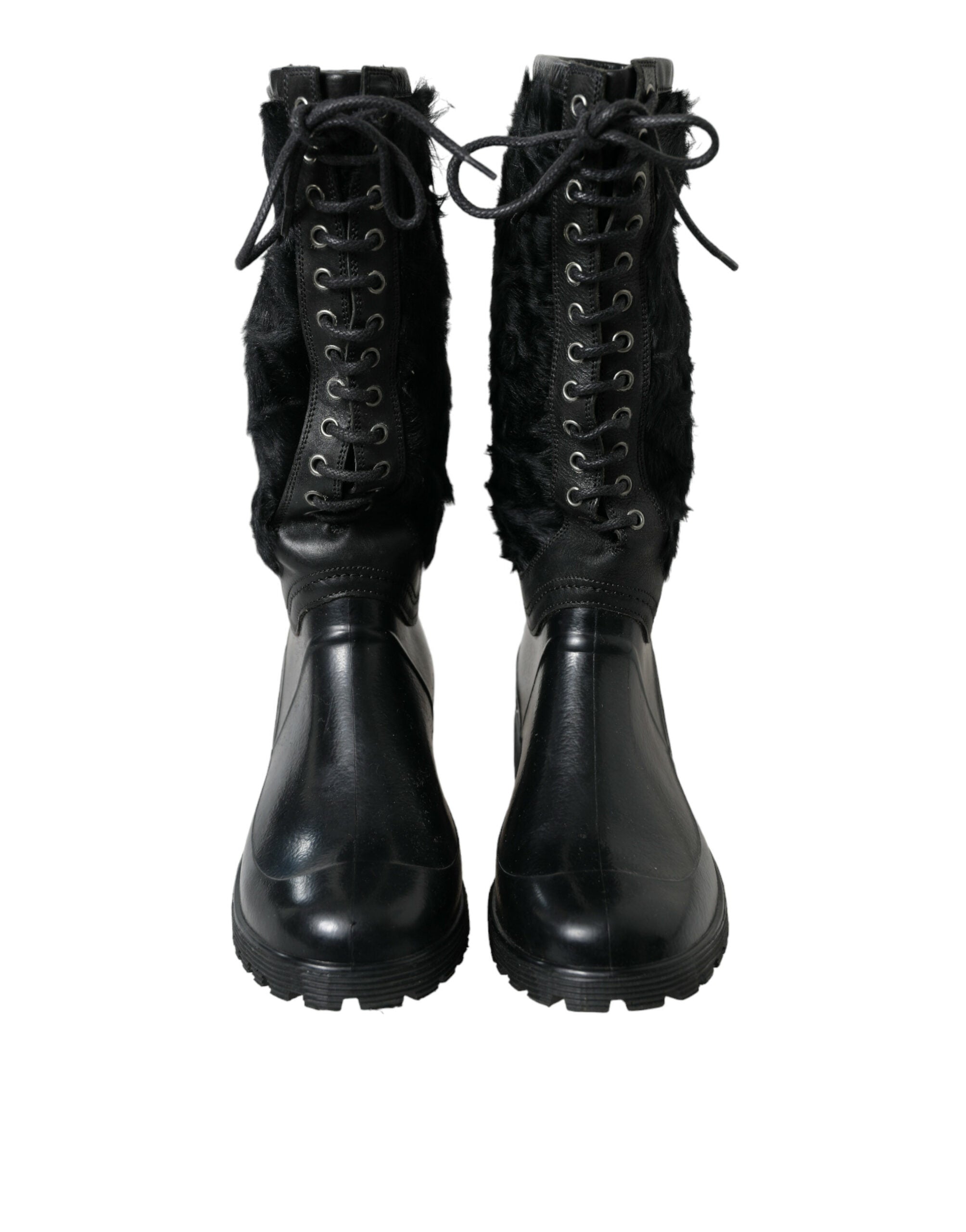 Black Rubber Lace Up Shearling Rain Boots Shoes mens luxury fashion - Mens Edit