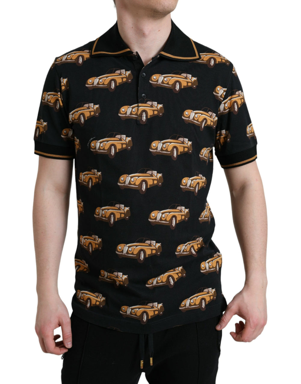 Dolce & Gabbana 100% Cotton Car Print Polo Shirt in Black