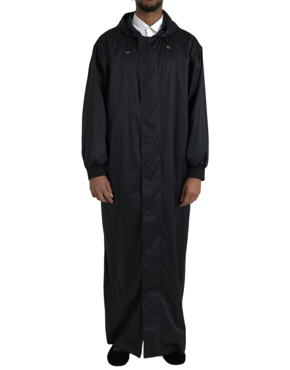 Black Polyester Hooded Long Windbreaker Jacket mens luxury fashion - Mens Edit