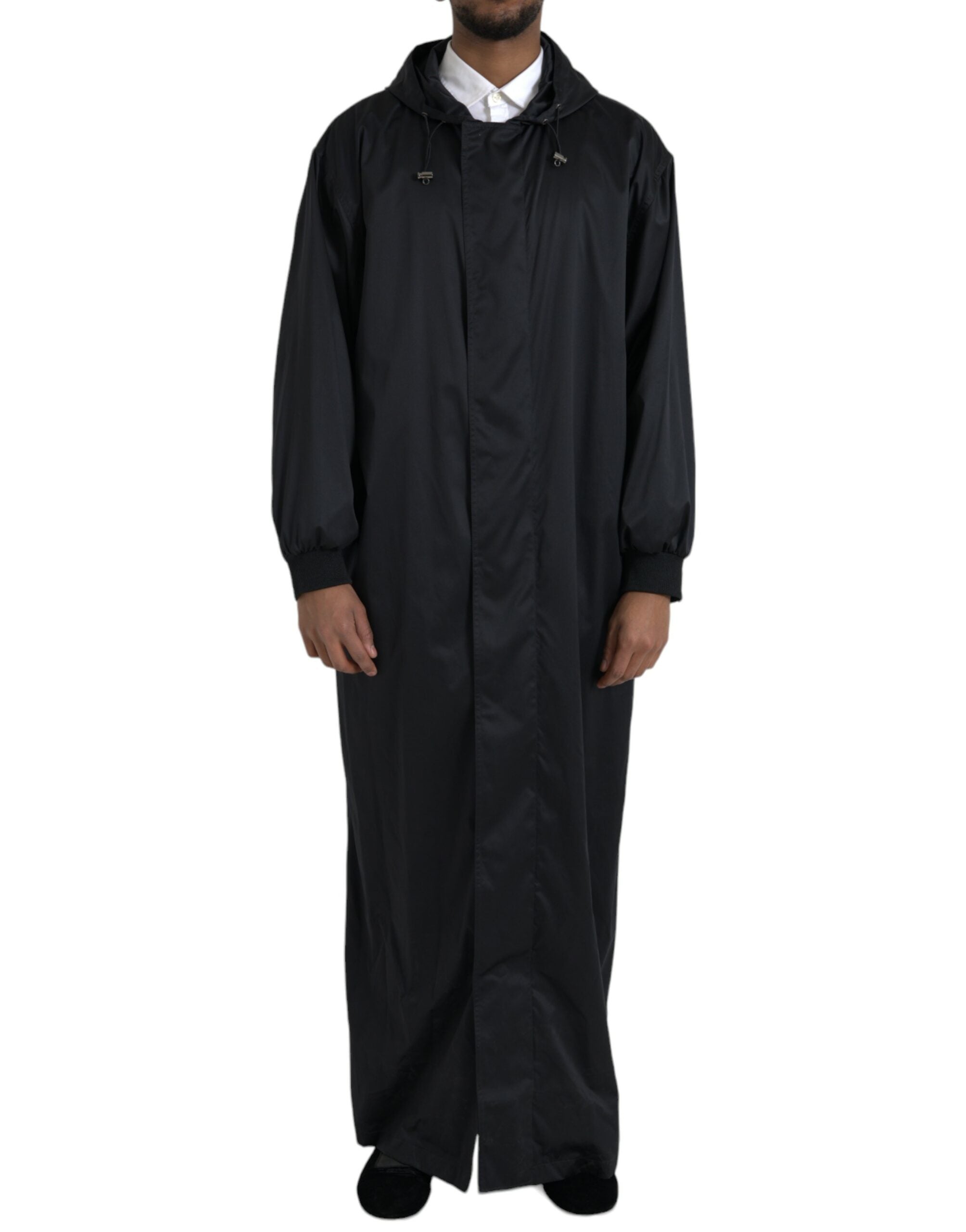 Black Polyester Hooded Long Windbreaker Jacket mens luxury fashion - Mens Edit
