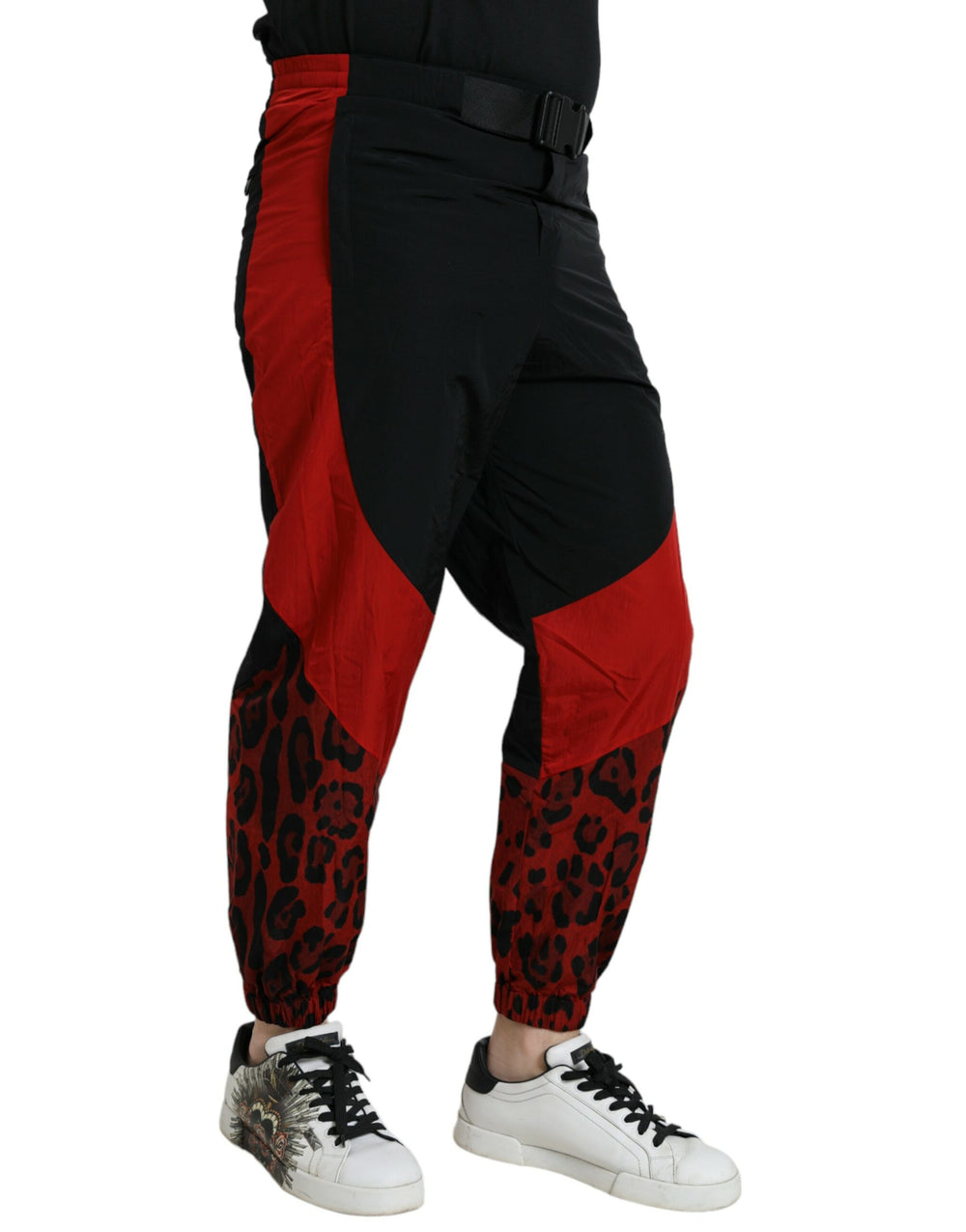 Dolce & Gabbana 100% Nylon Leopard Print Jogger Pants in Black and Red