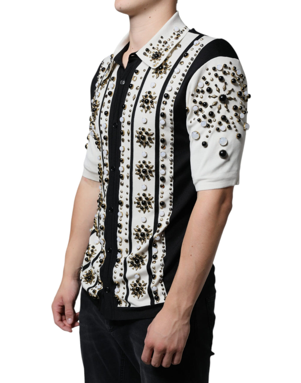 Dolce & Gabbana 100% Silk Studded Crystal Shirt in Black and White