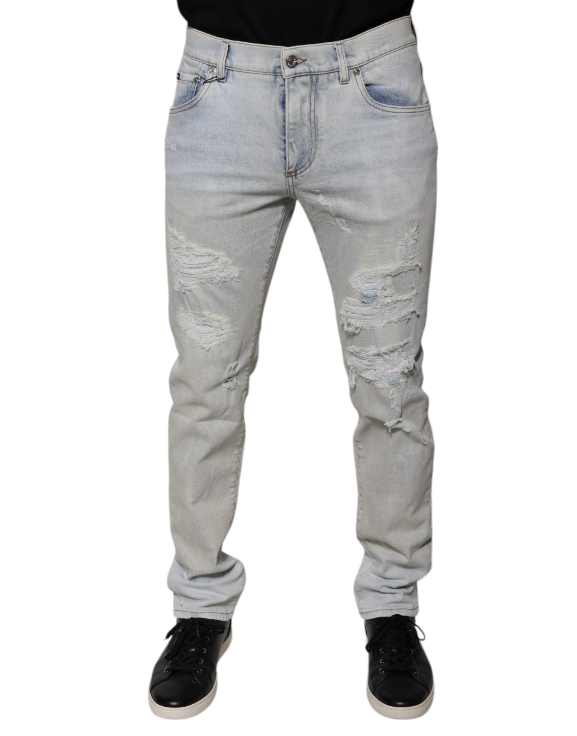 Light Blue Cotton Blend Tattered Skinny Denim Jeans mens luxury fashion - Mens Edit