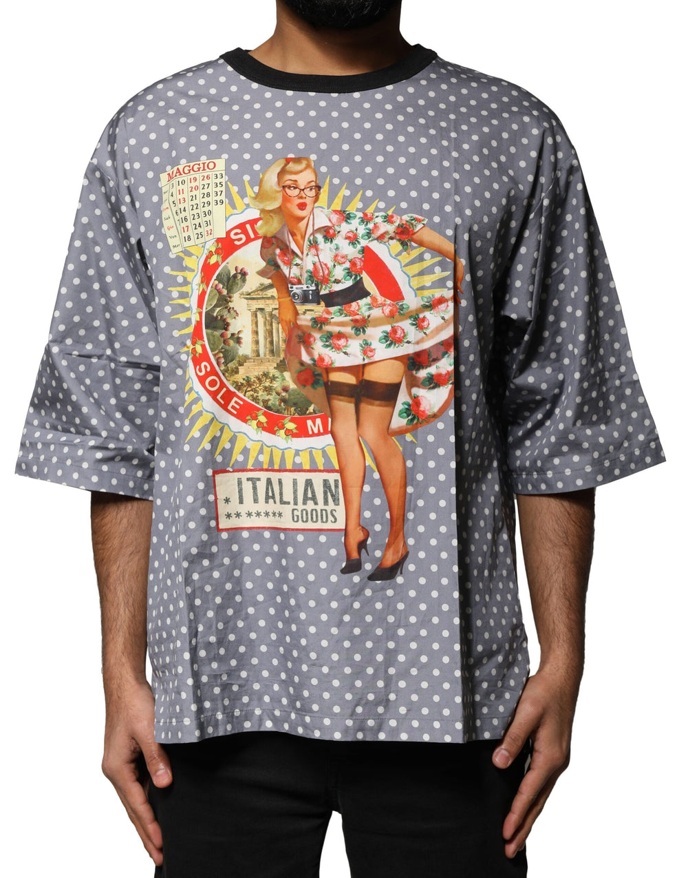 Dolce & Gabbana Polka Dot Pin-Up Print Cotton T-Shirt in Gray