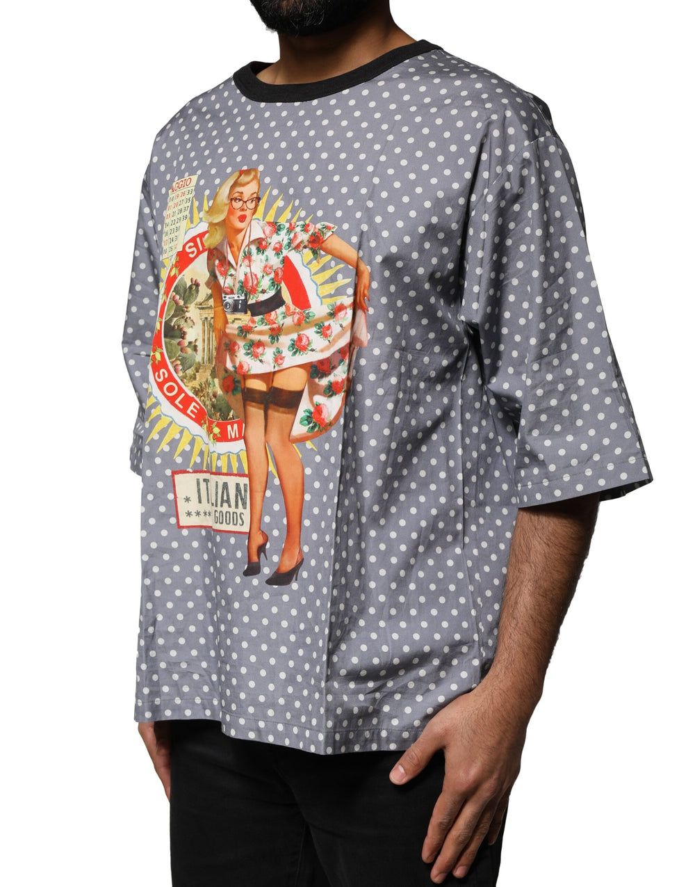 Dolce & Gabbana Polka Dot Pin-Up Print Cotton T-Shirt in Gray