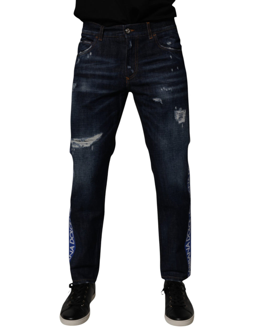Dark Blue Cotton Tattered Skinny Denim Jeans mens luxury fashion - Mens Edit