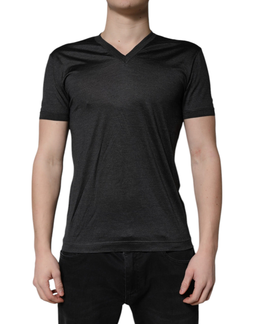 Dolce & Gabbana 100% Silk V-Neck T-Shirt in Dark Grey