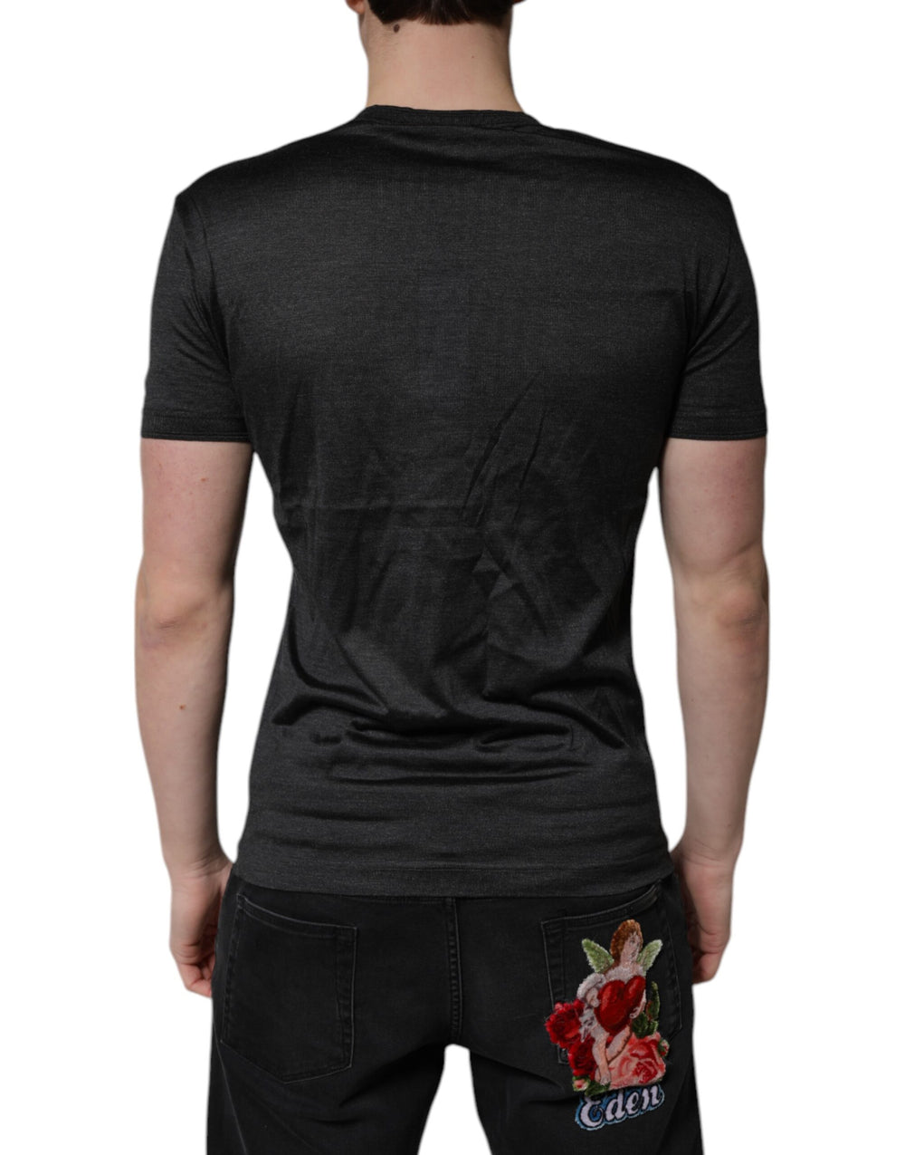 Dolce & Gabbana 100% Silk V-Neck T-Shirt in Dark Grey