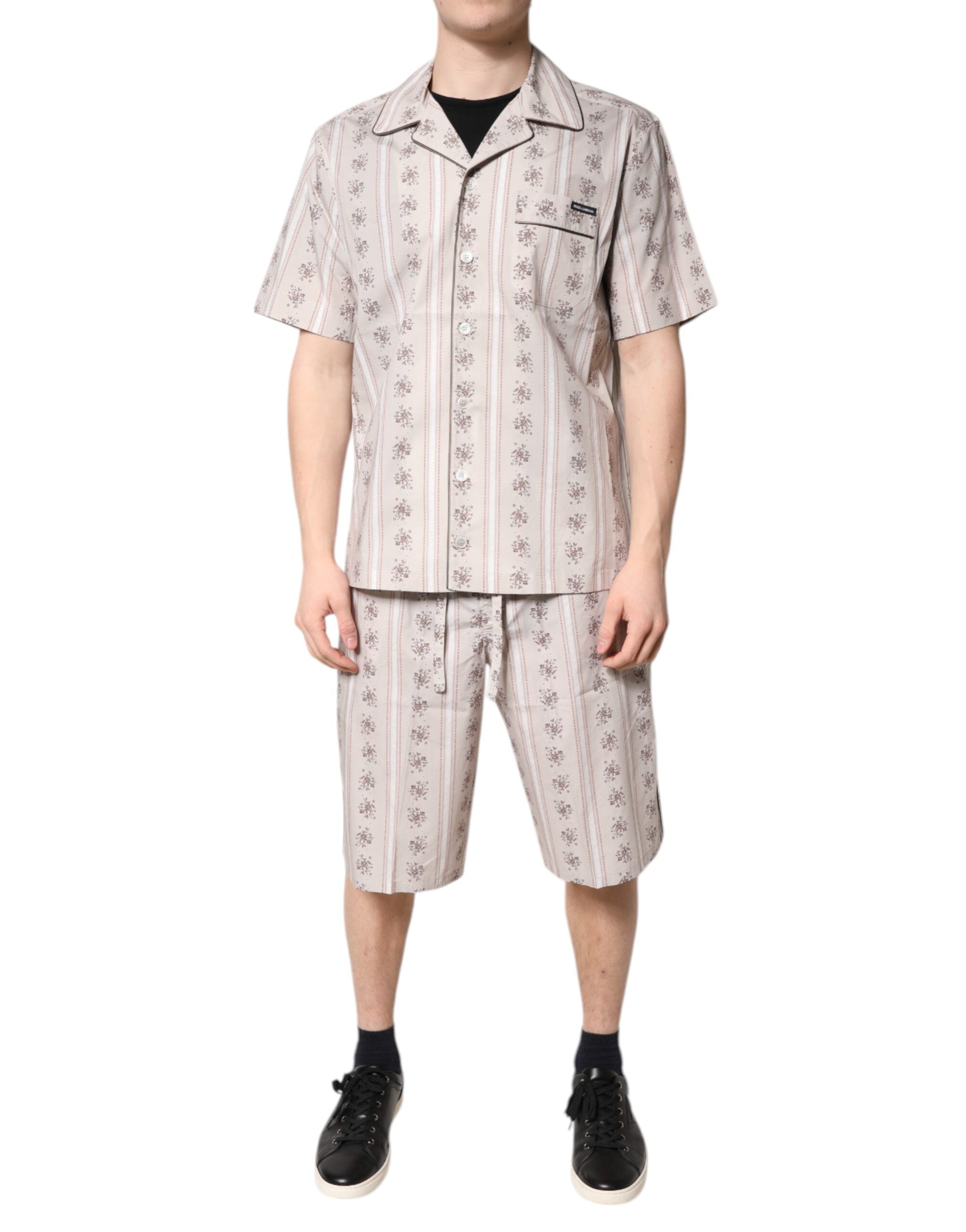 Beige Floral Print Cotton Men Pajama Set Sleepwear mens luxury fashion - Mens Edit