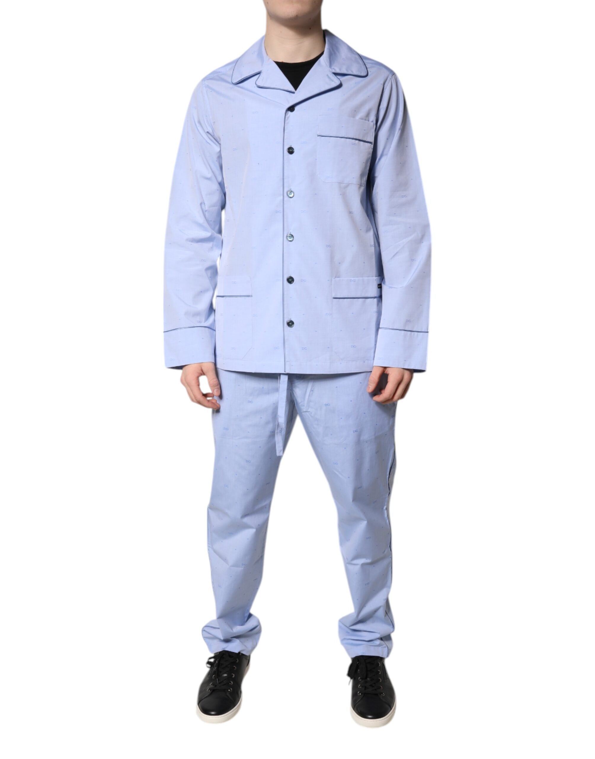 Light Blue DG Logo Cotton Men Pajama Set Sleepwear mens luxury fashion - Mens Edit